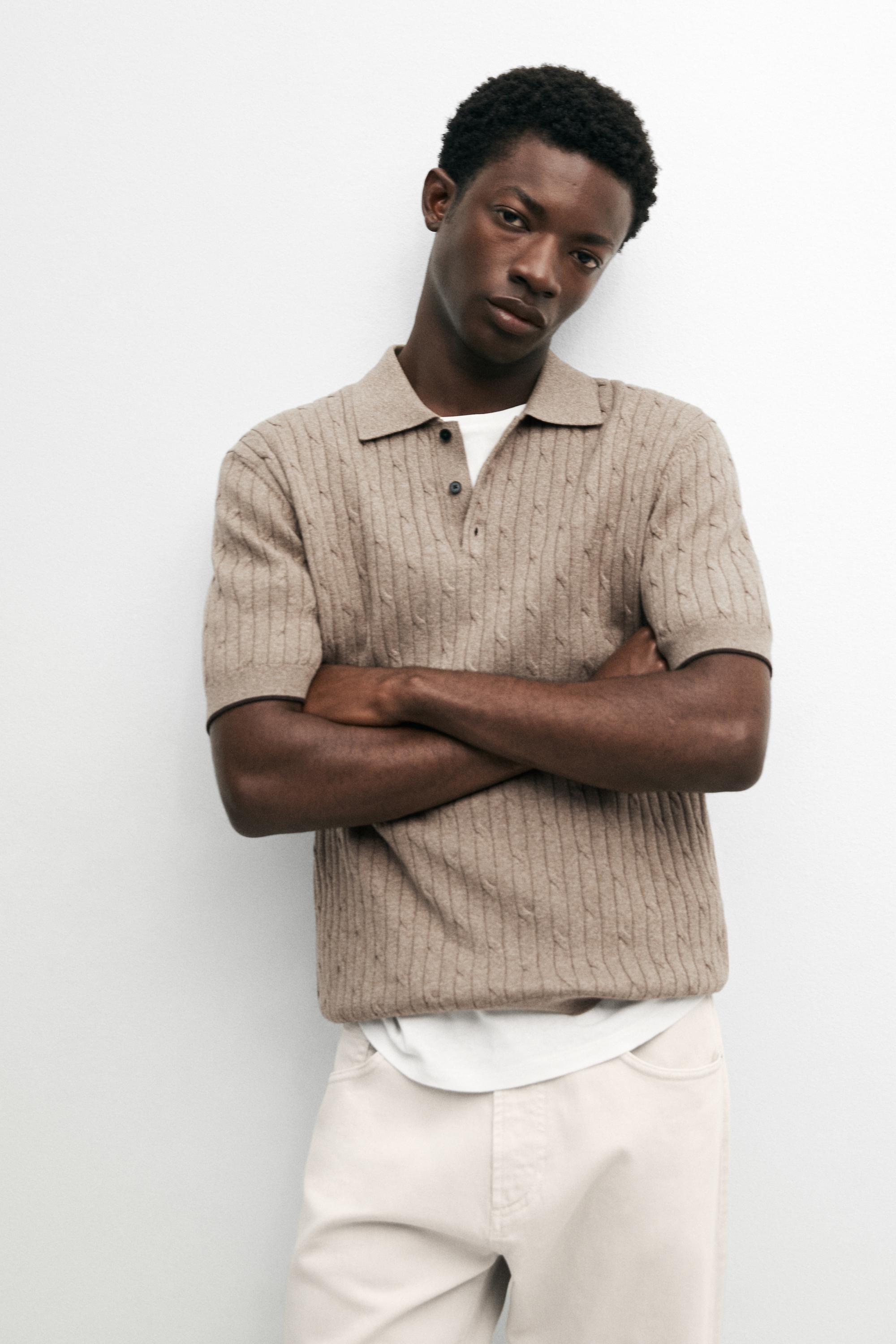 Cotton blend cable-knit polo sweater — Dark beige