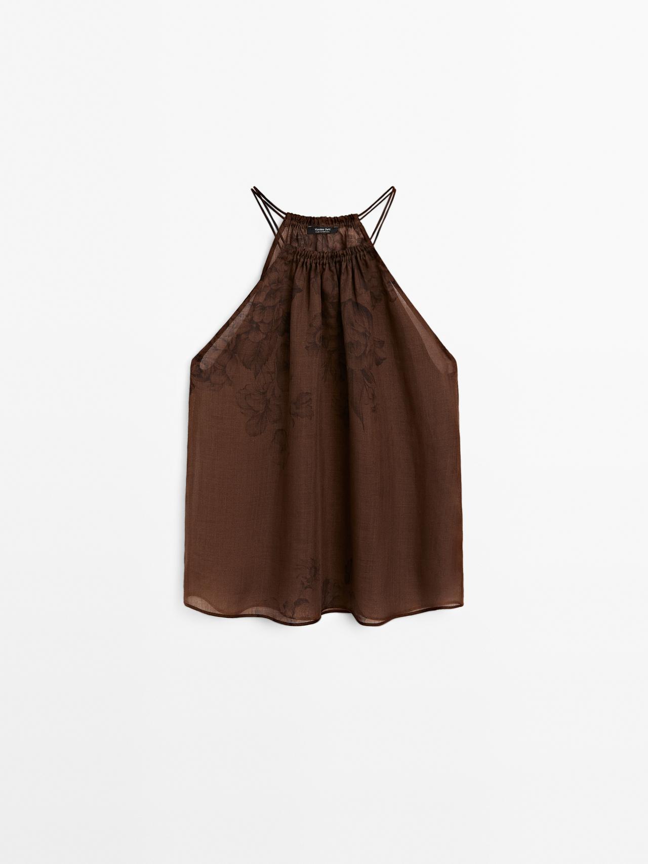 Massimo Dutti - Dame - Blomstret Halternecktop Med Blødt Fald - Chokolade - L