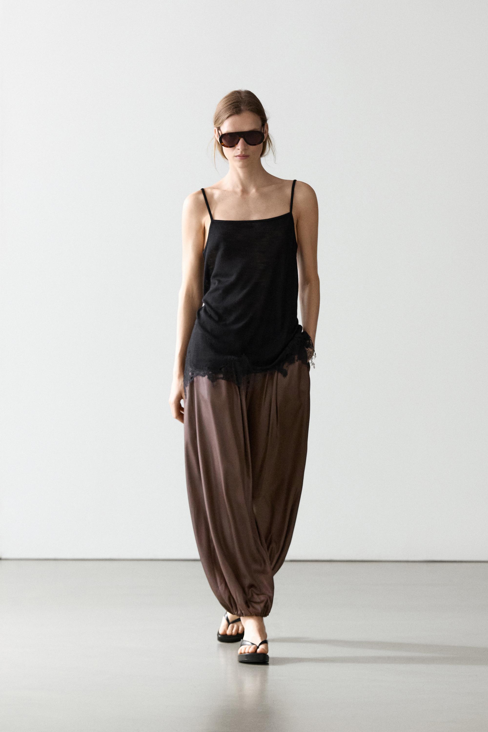 Flowing balloon fit satin trousers — BROWN