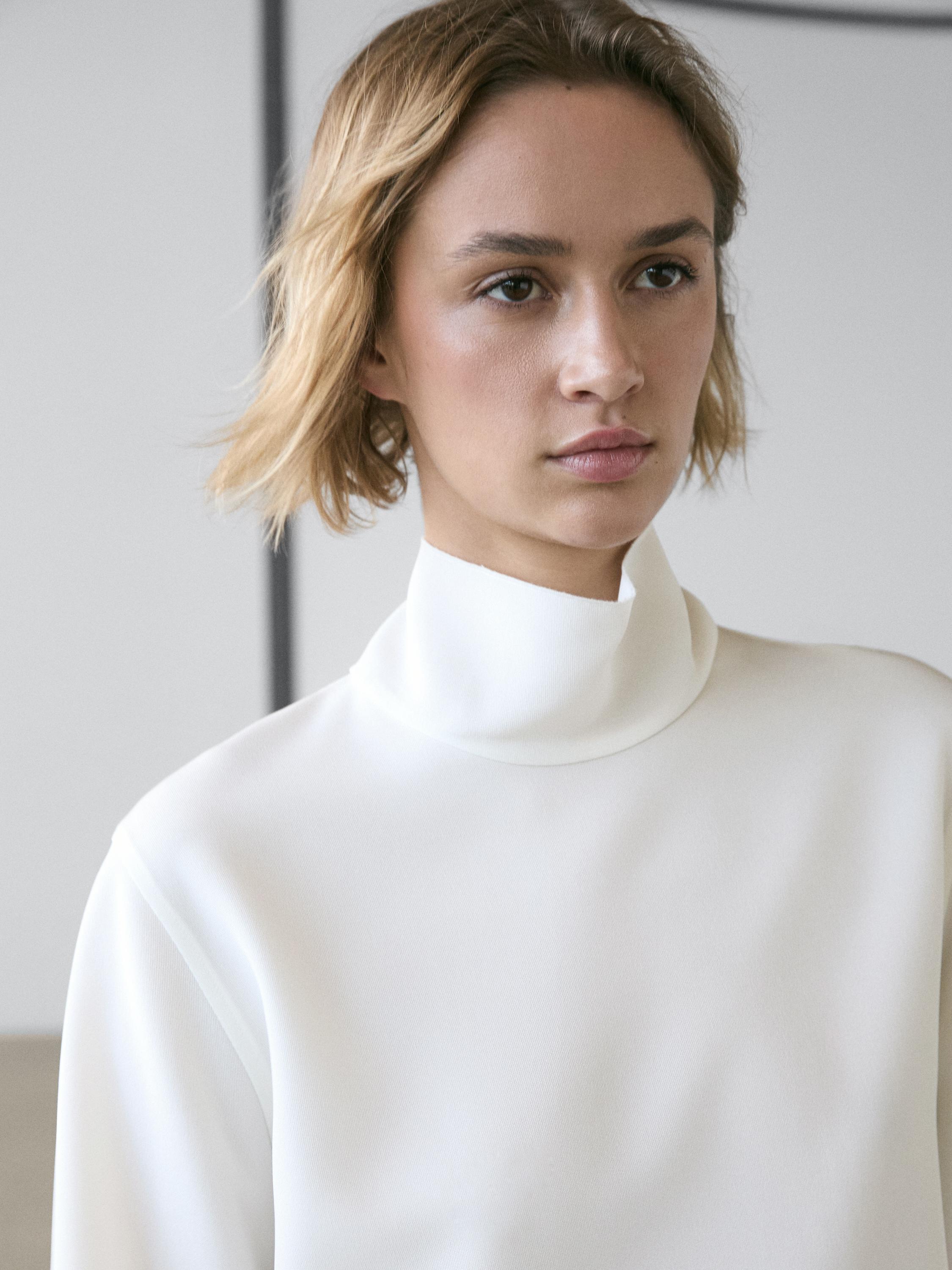 High neck blouse with hem detail — WHITE