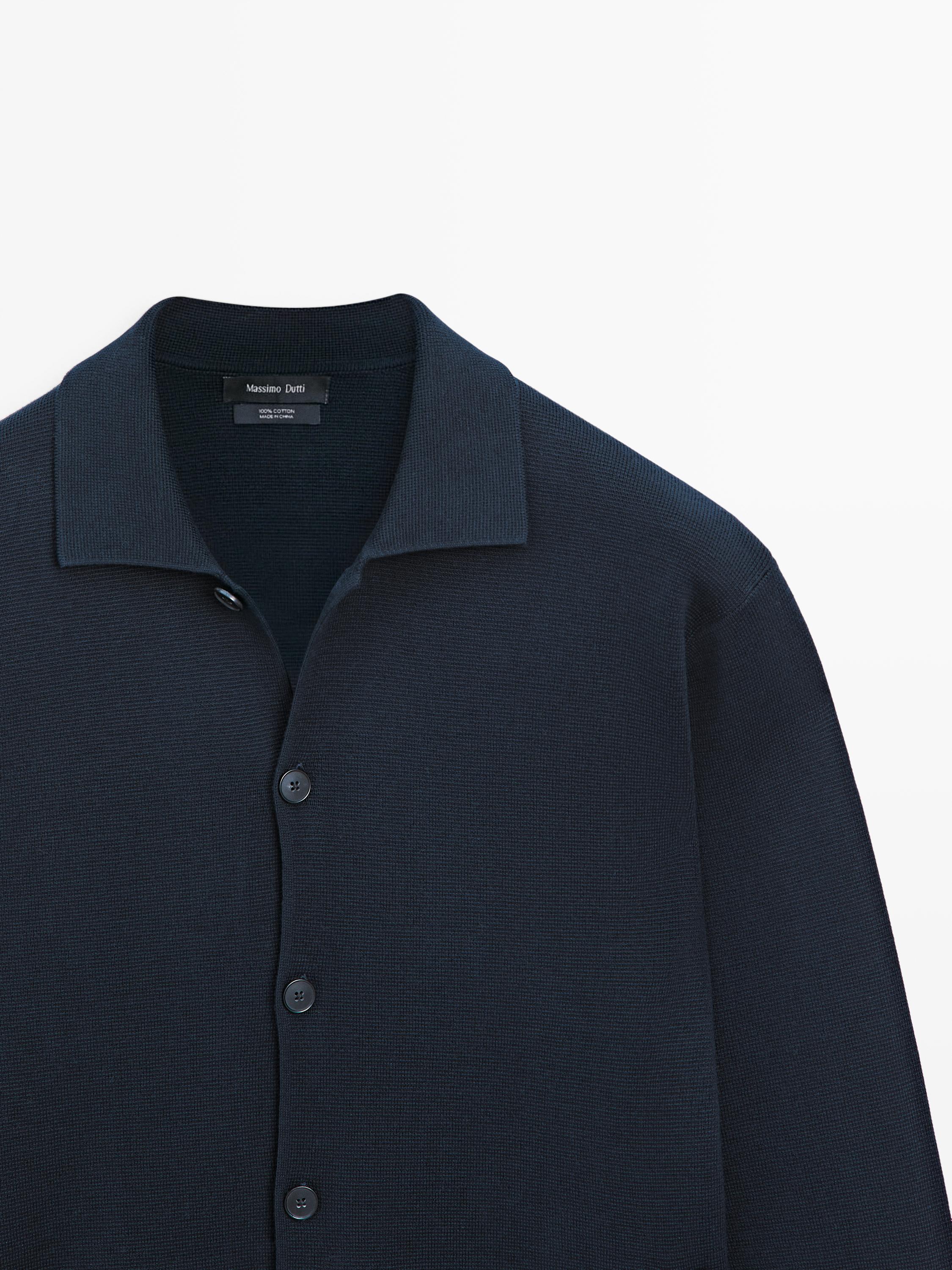 100% cotton knit cardigan with polo collar — NAVY BLUE