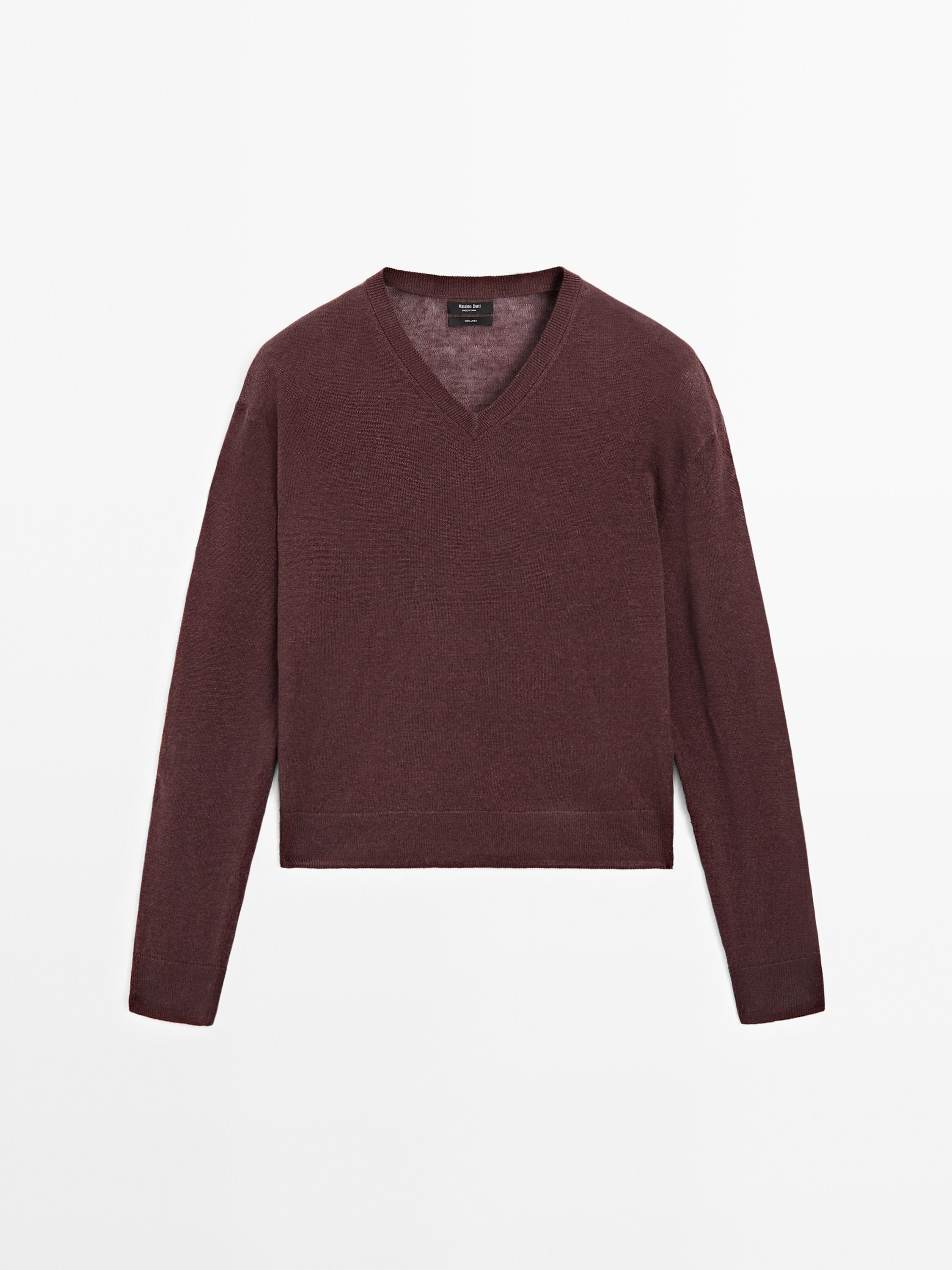 Pull en maille à col en V lin