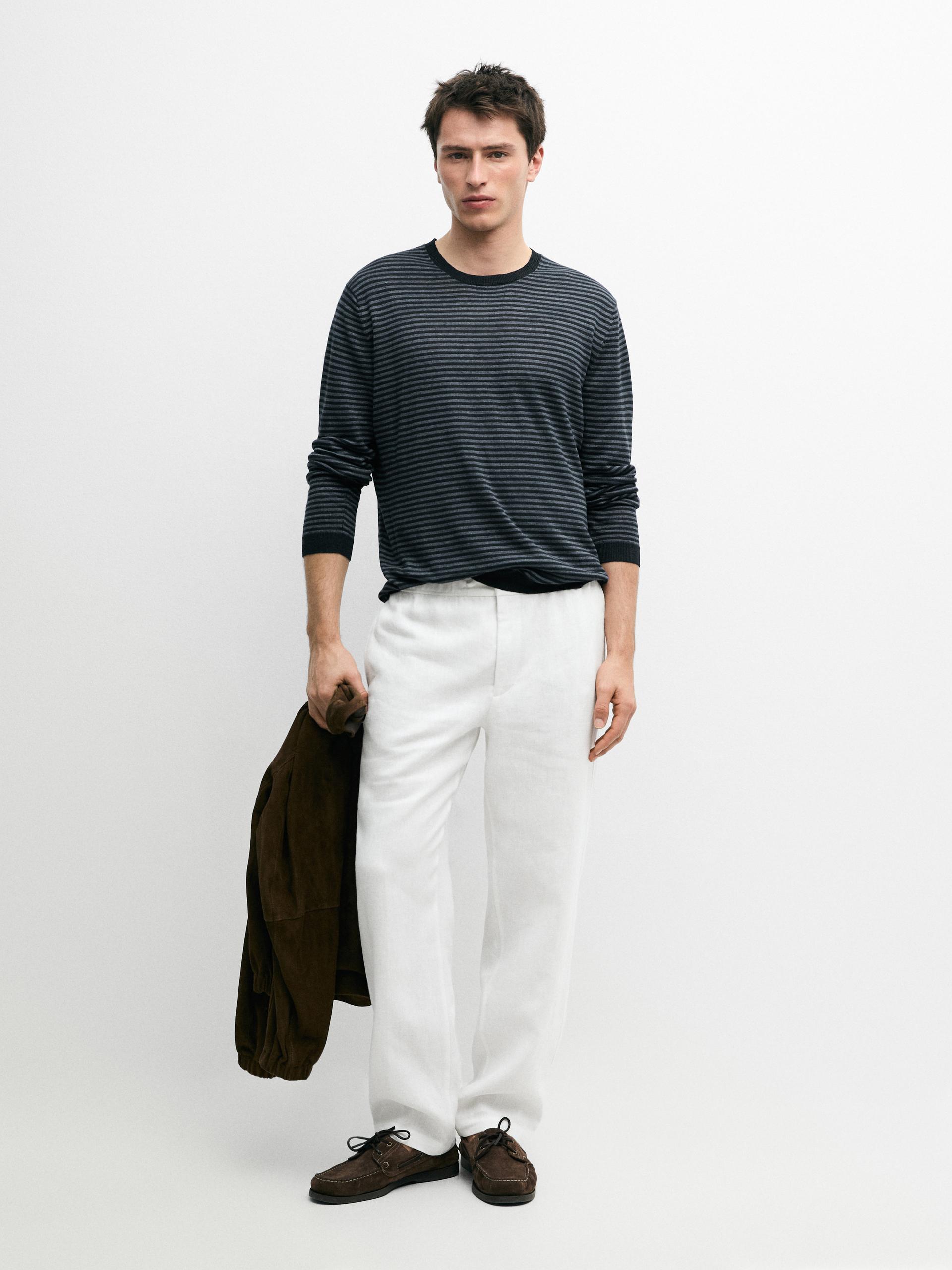 Maglia A Righe In Lino - Blu Marino - M - Massimo Dutti - Maschile