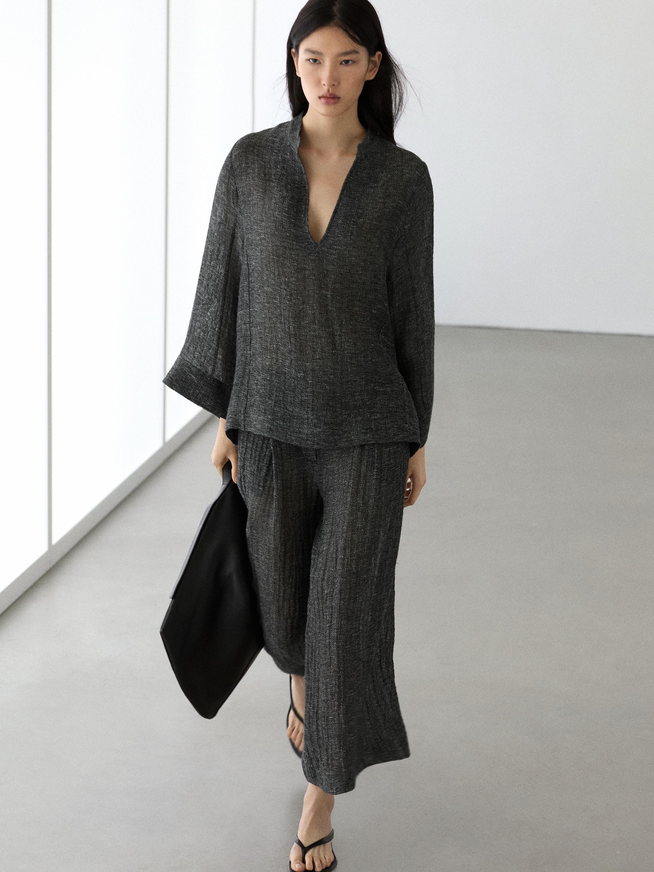 Linen blend melange darted pants — GREY