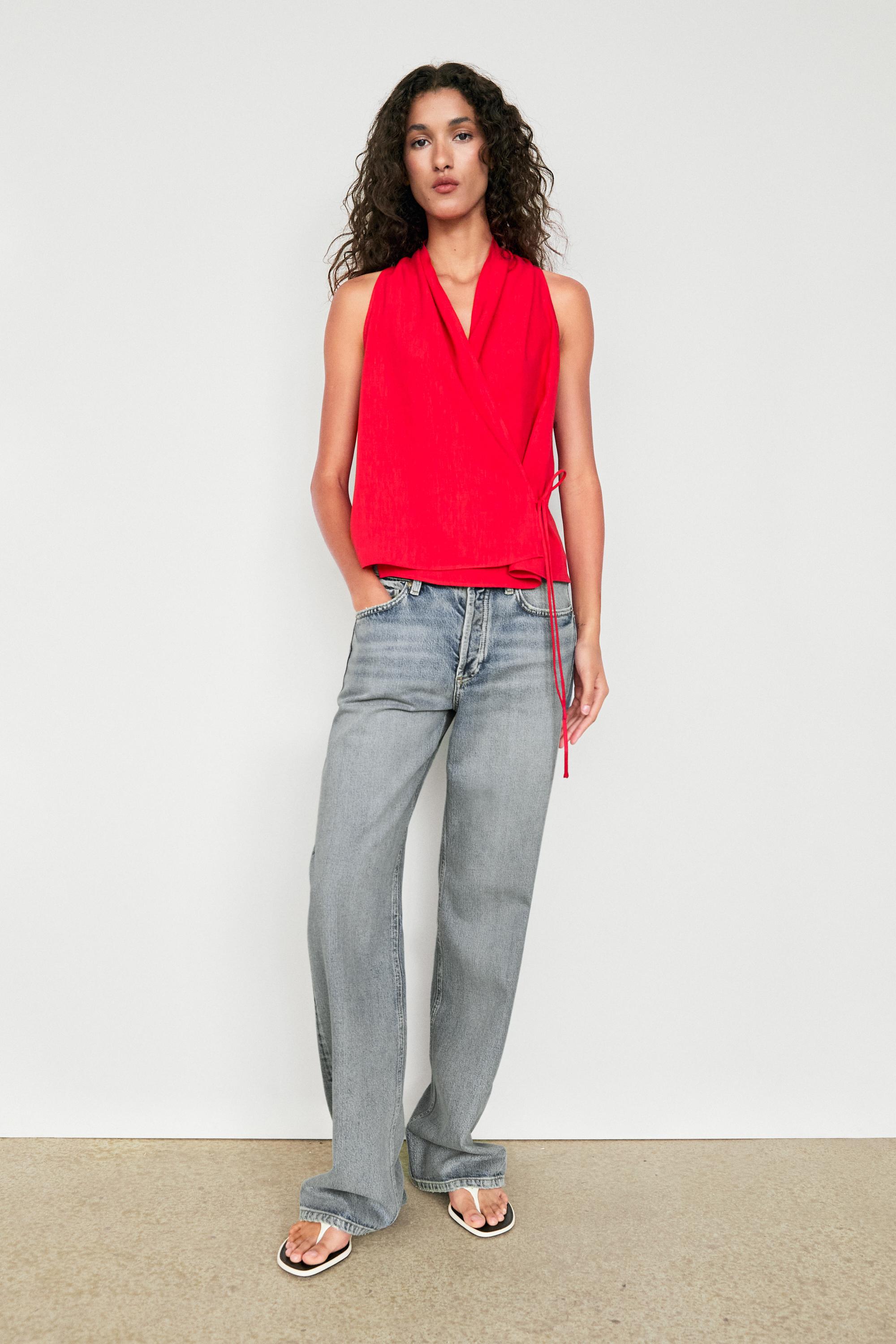 Linen halter top with tie detail — RED