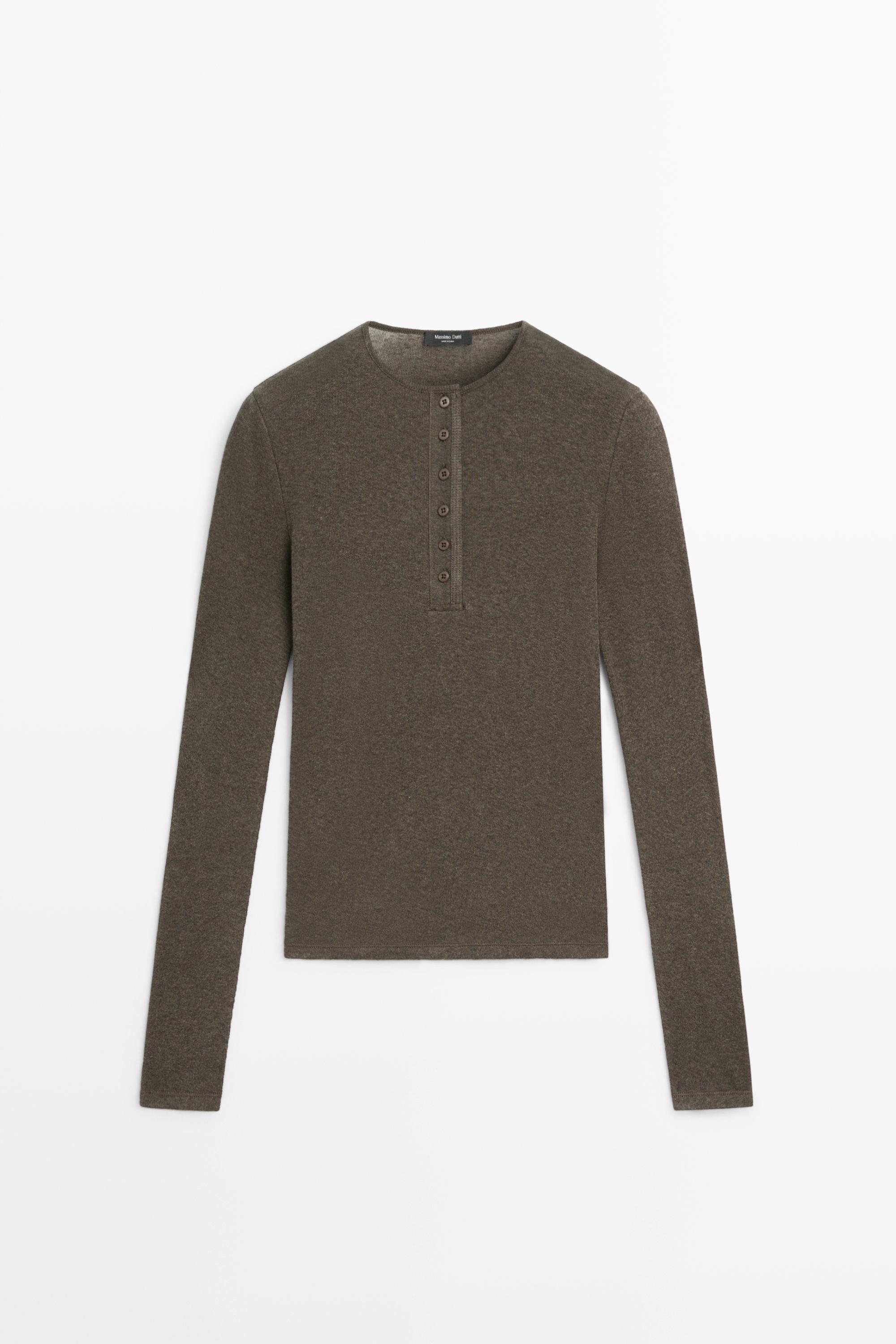 Cotton cashmere long sleeve henley T-shirt