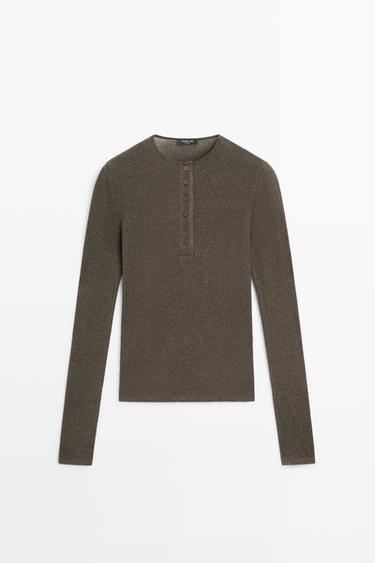 Long sleeve cotton blend henley — DARK KHAKI 2