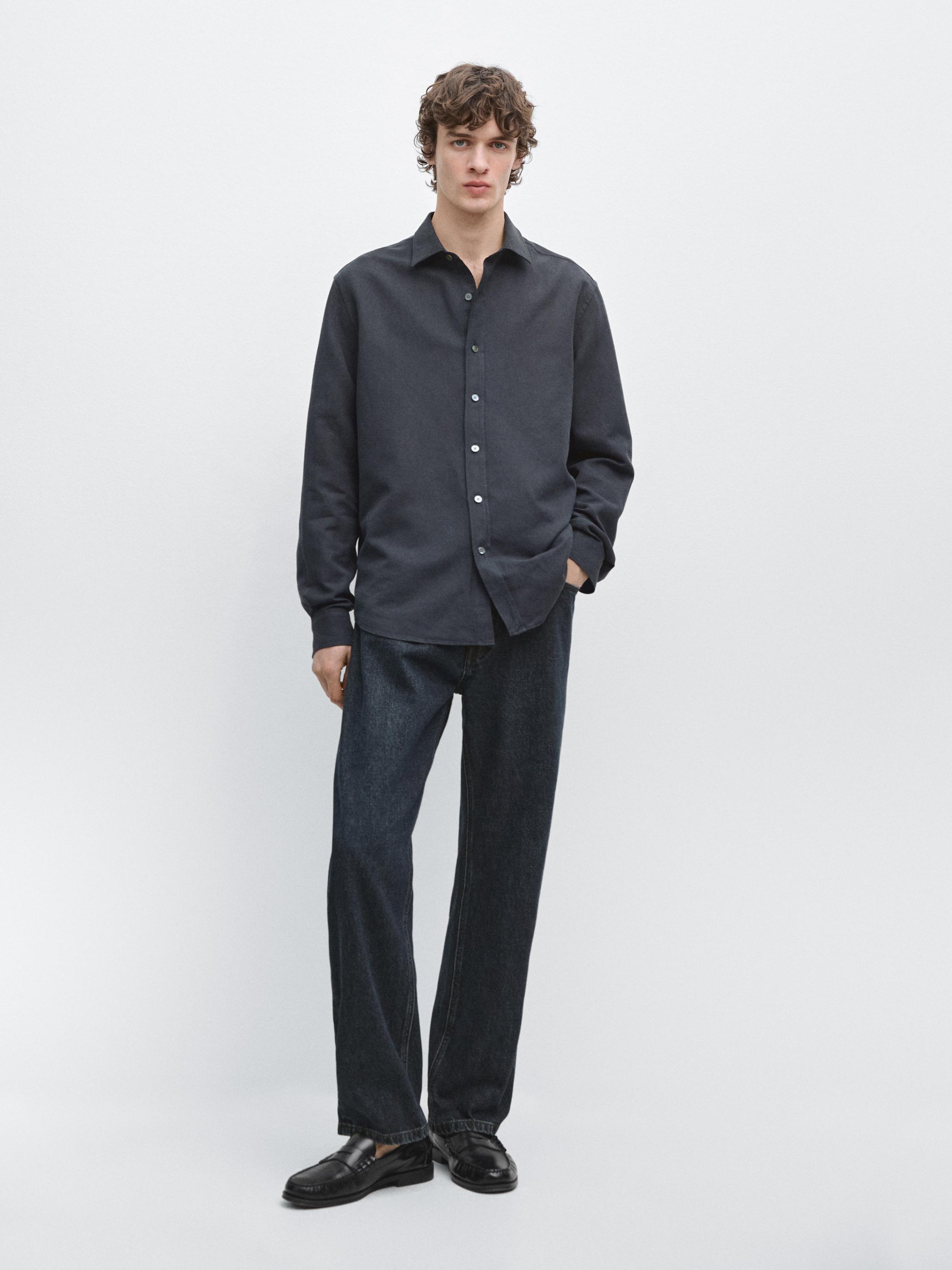 Regular fit linen blend shirt — NAVY BLUE