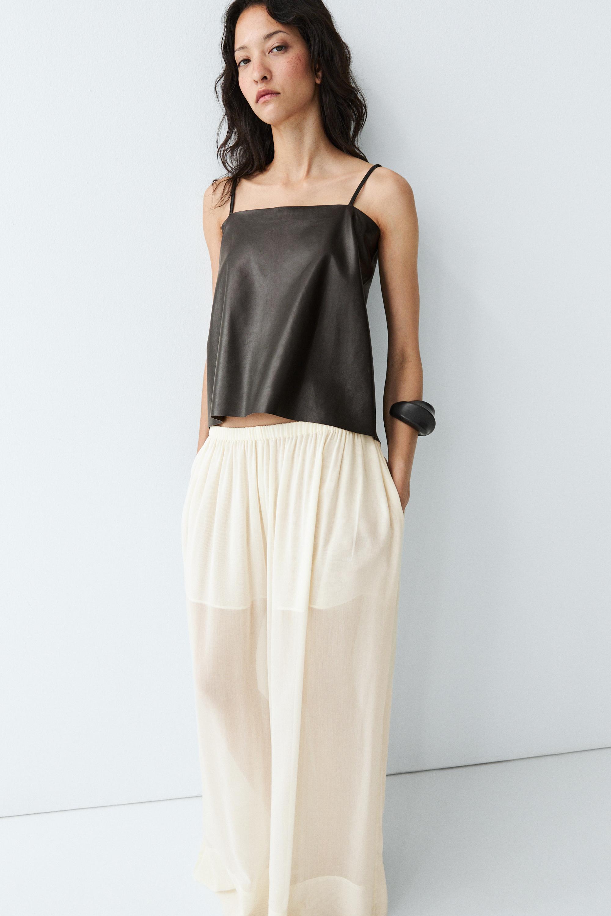 Nappa leather strappy top with back detail — BROWN