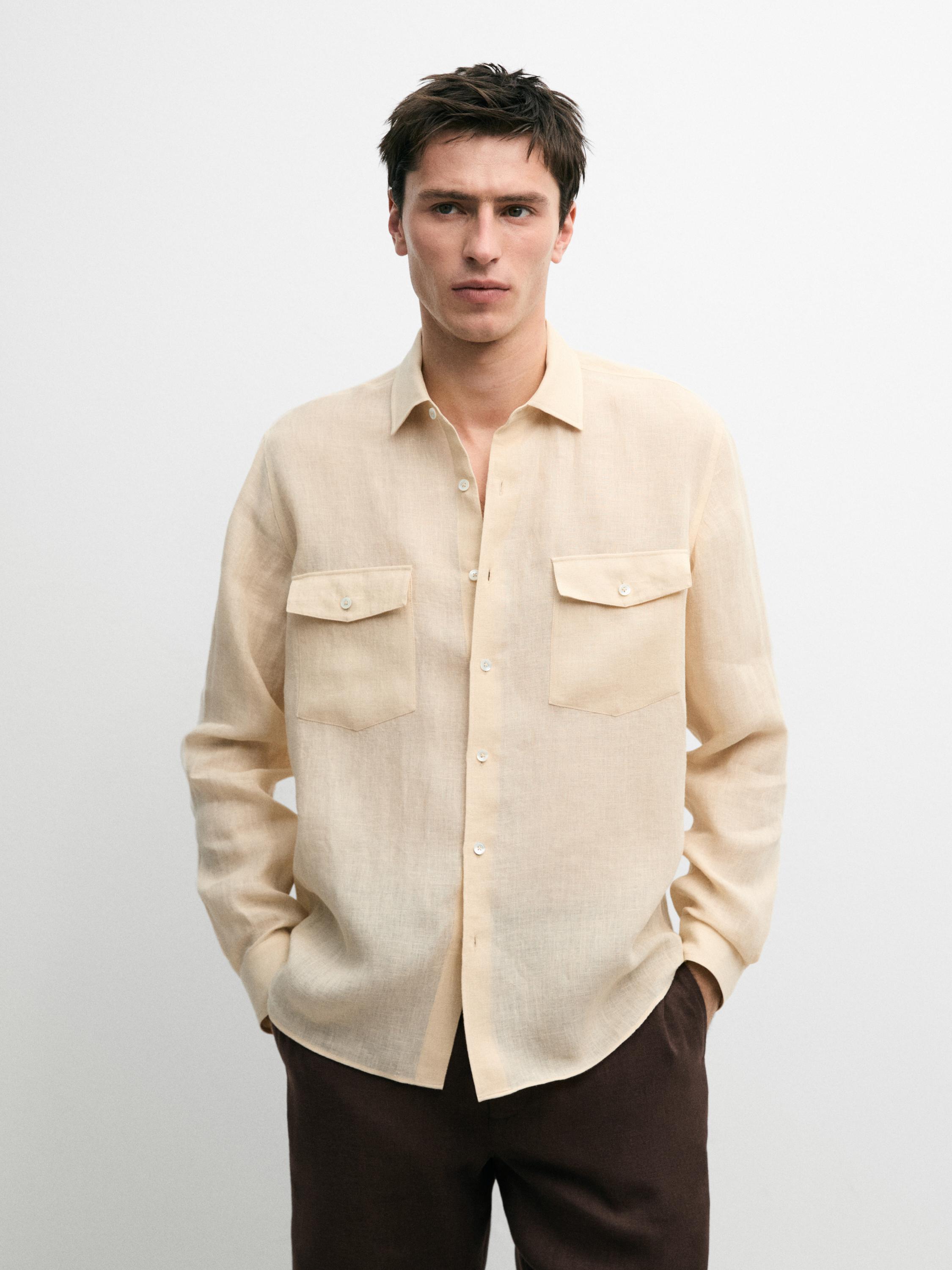 Regular fit 100% linen shirt with pockets — YELLOW