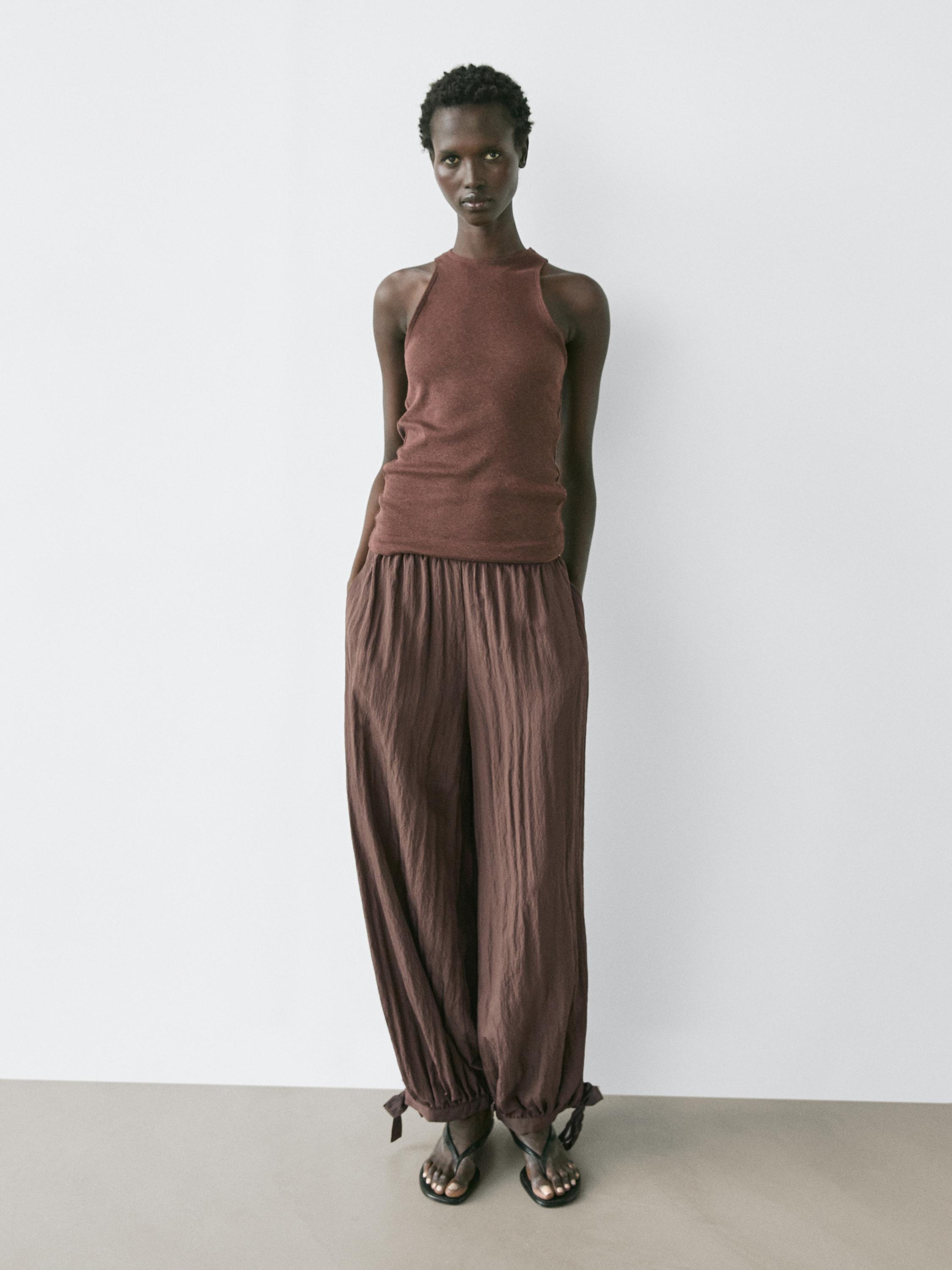 Flowing balloon fit satin trousers — BROWN