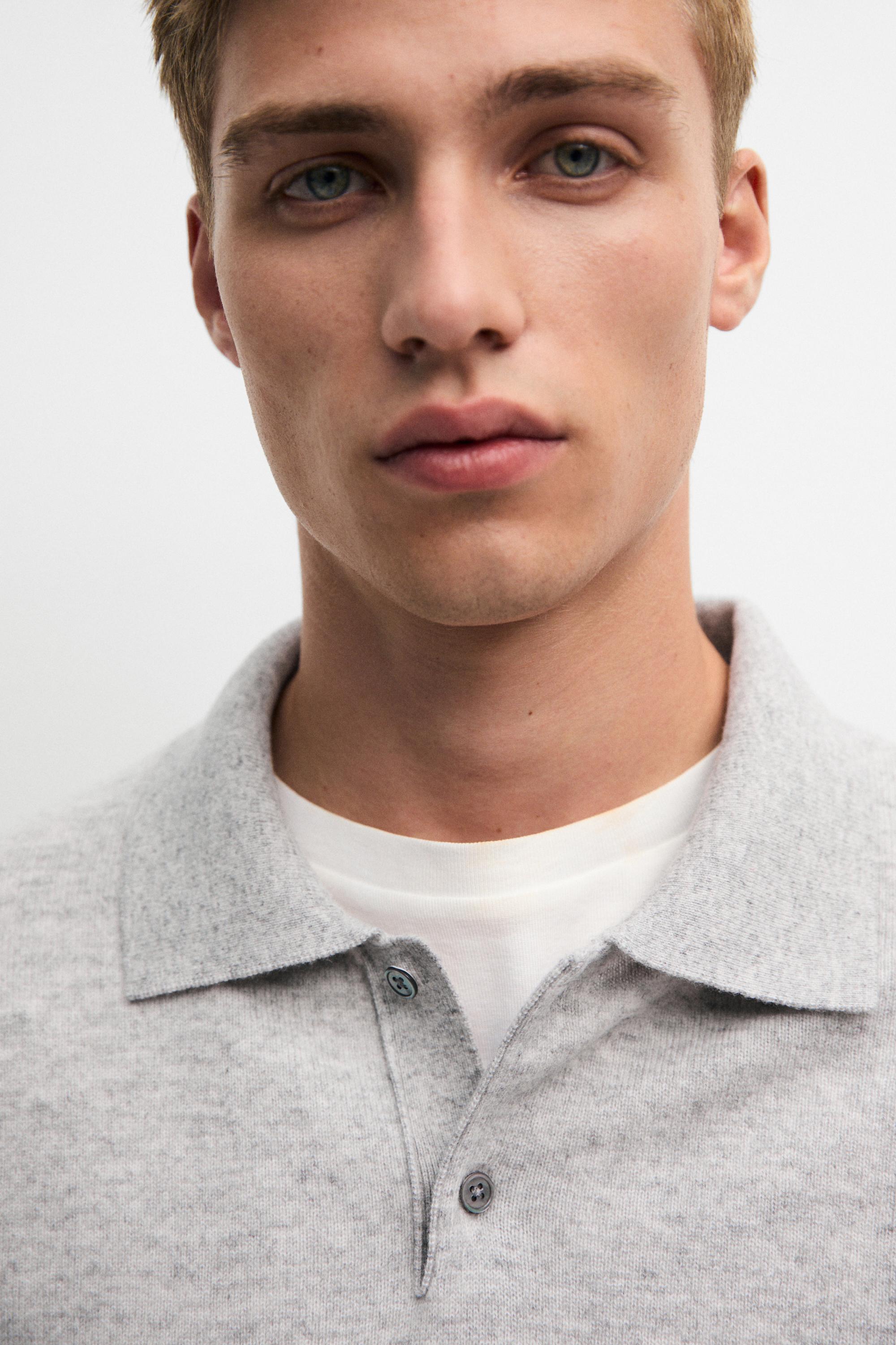 Wool blend knit polo sweater — GREY MARL