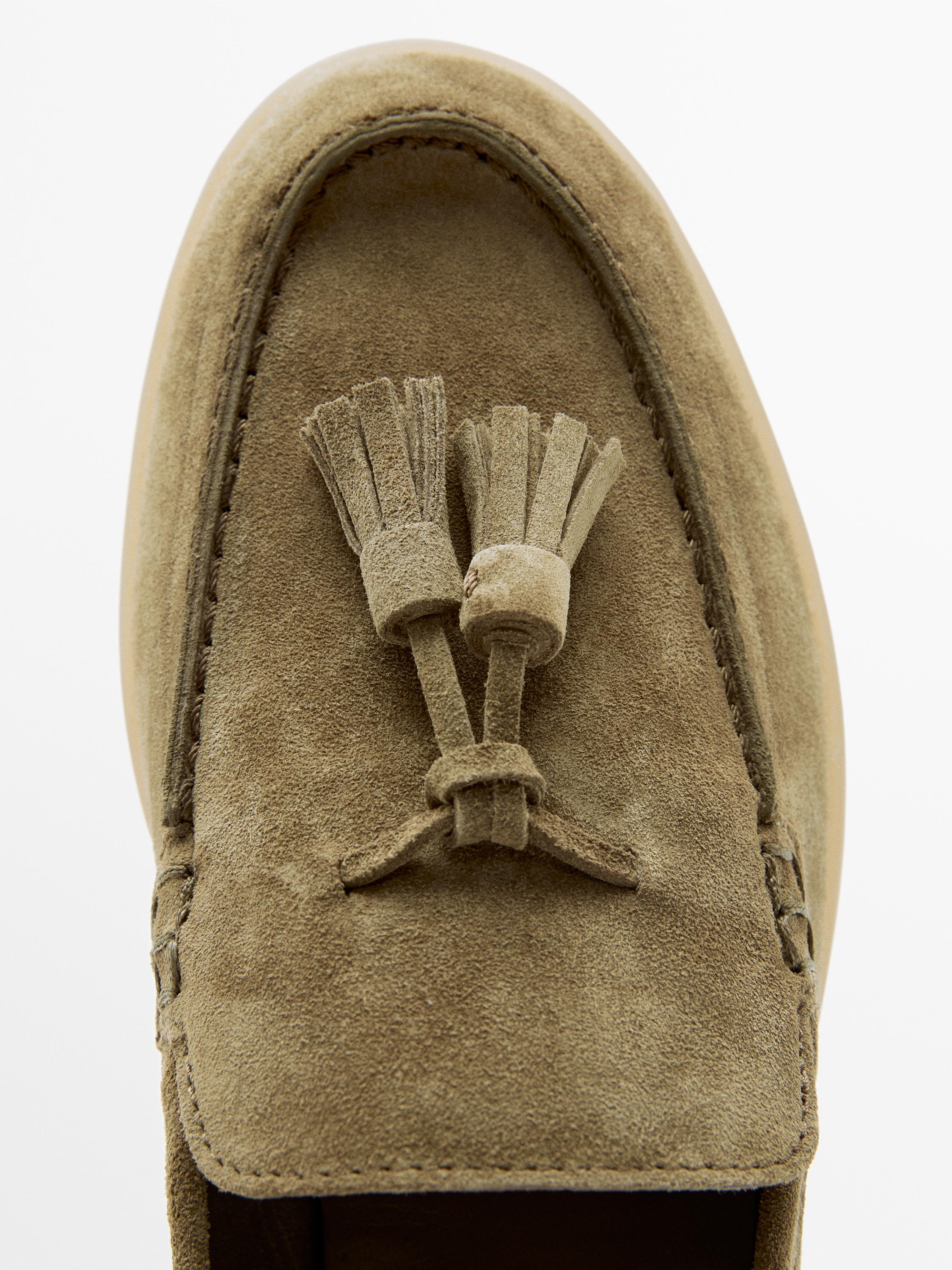 Split leather loafers with tassels — TAUPE
