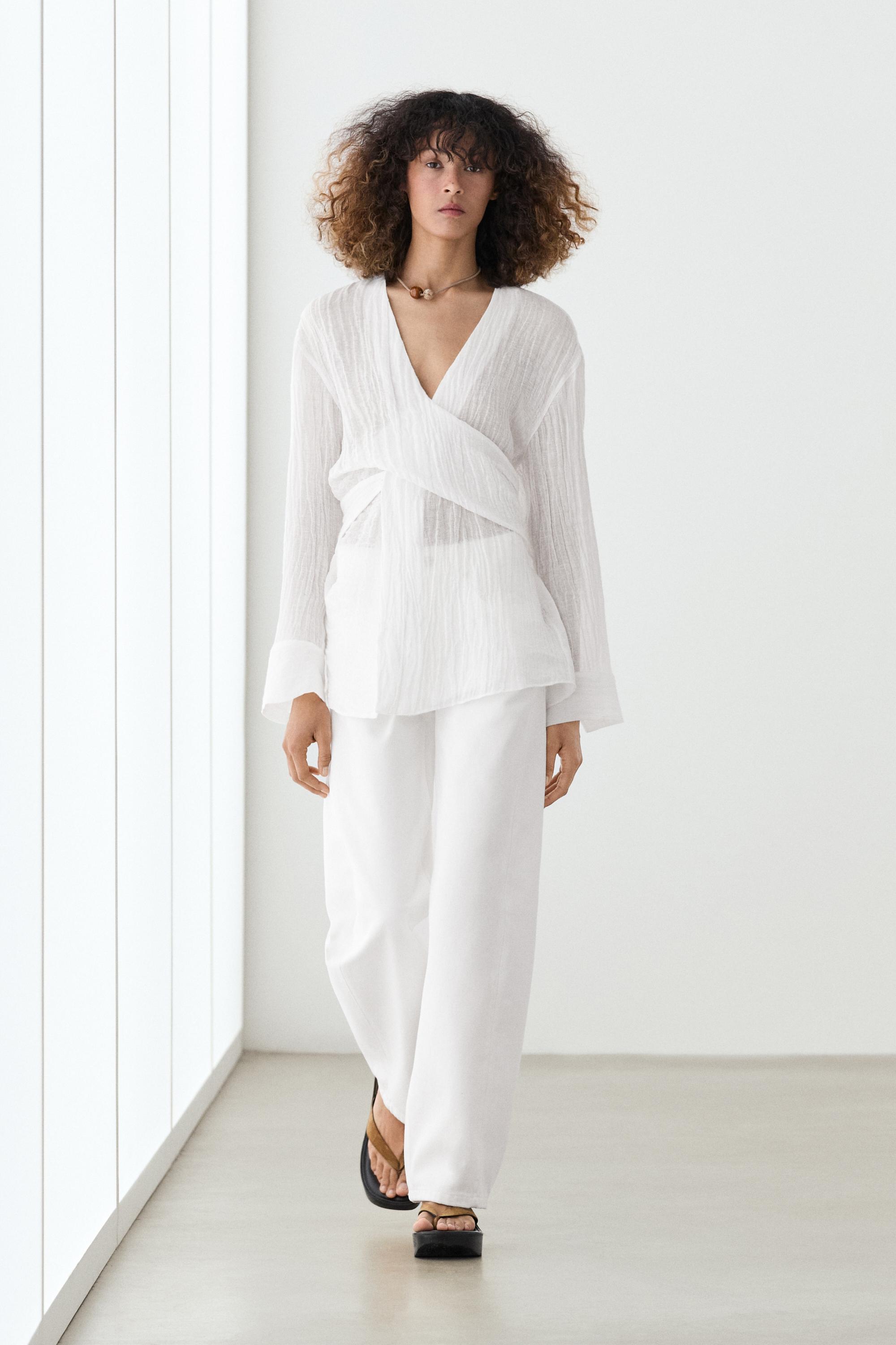 Linen blend blouse with sash belt — WHITE