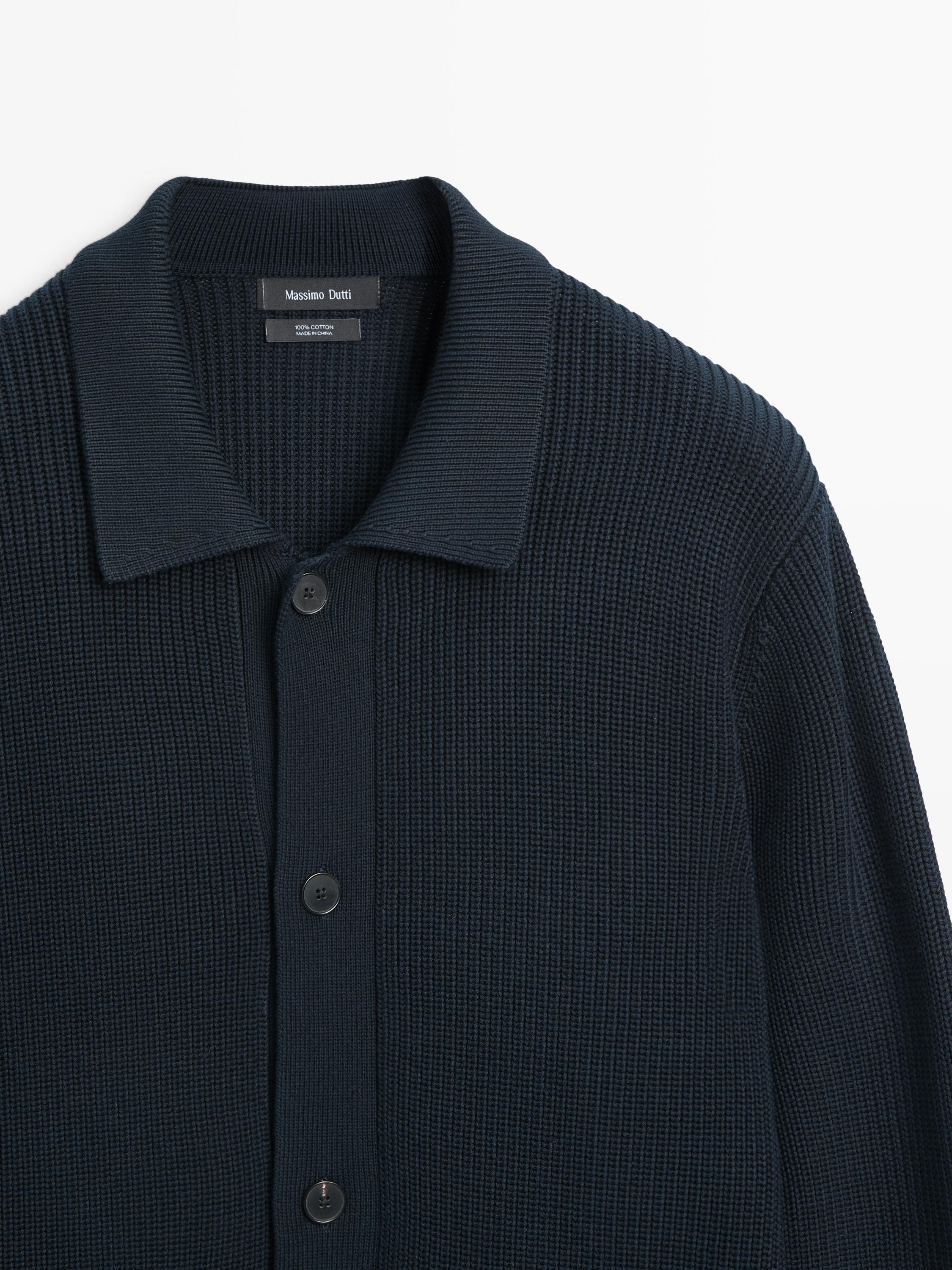 Cotton knit cardigan with pockets — NAVY BLUE