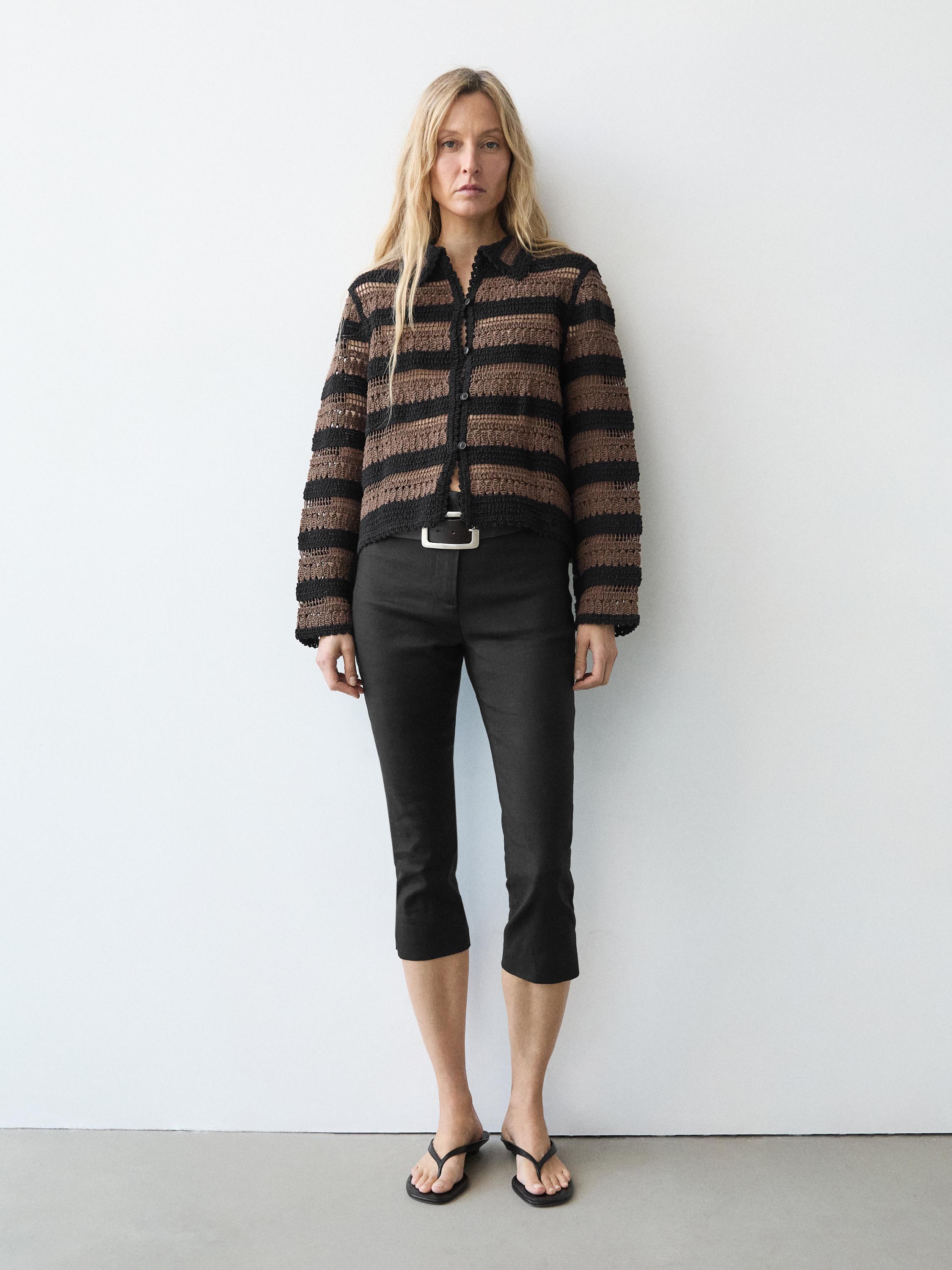 Short striped crochet knit cardigan — BROWN