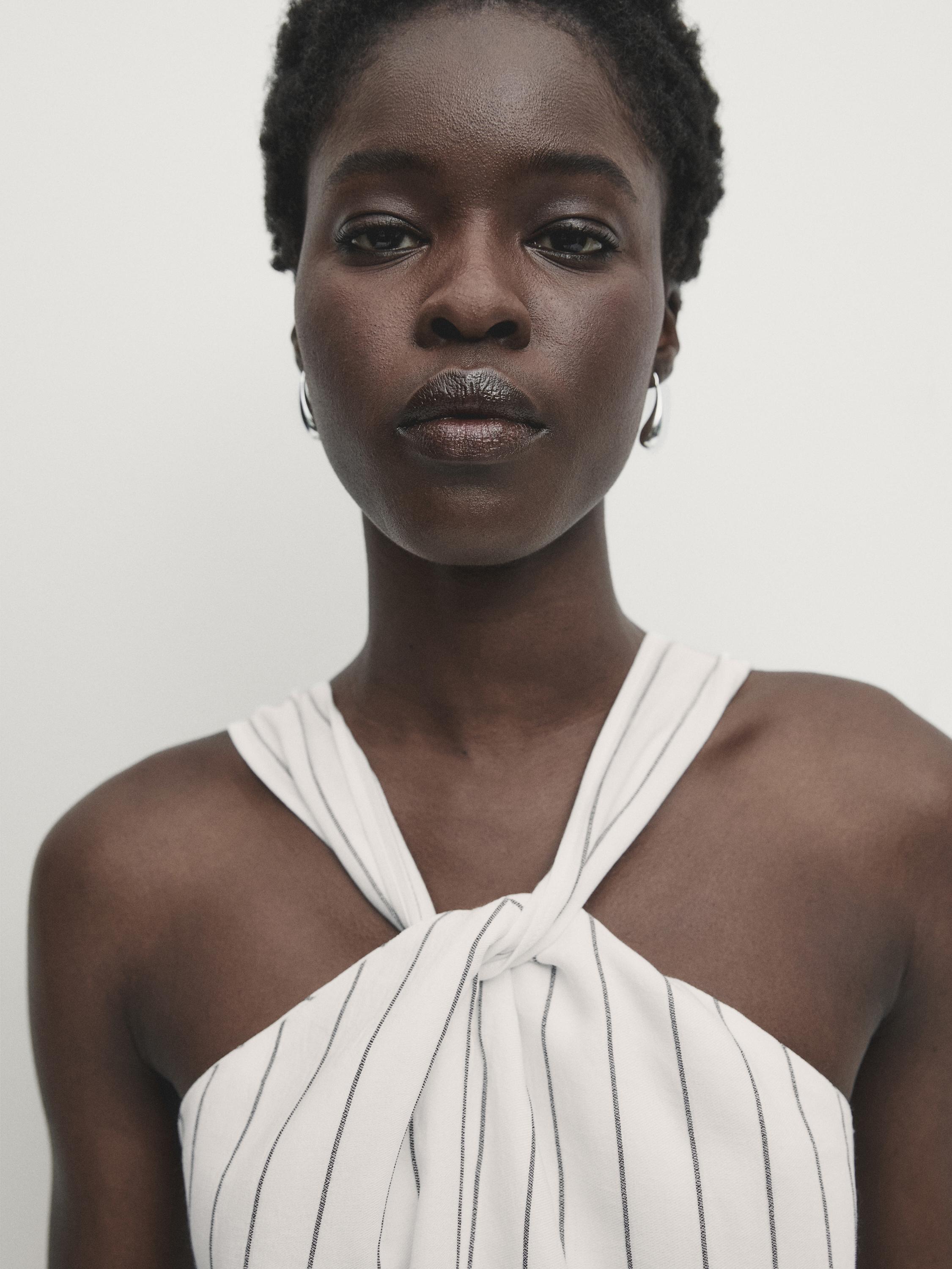 Robe midi à encolure américaine à rayures