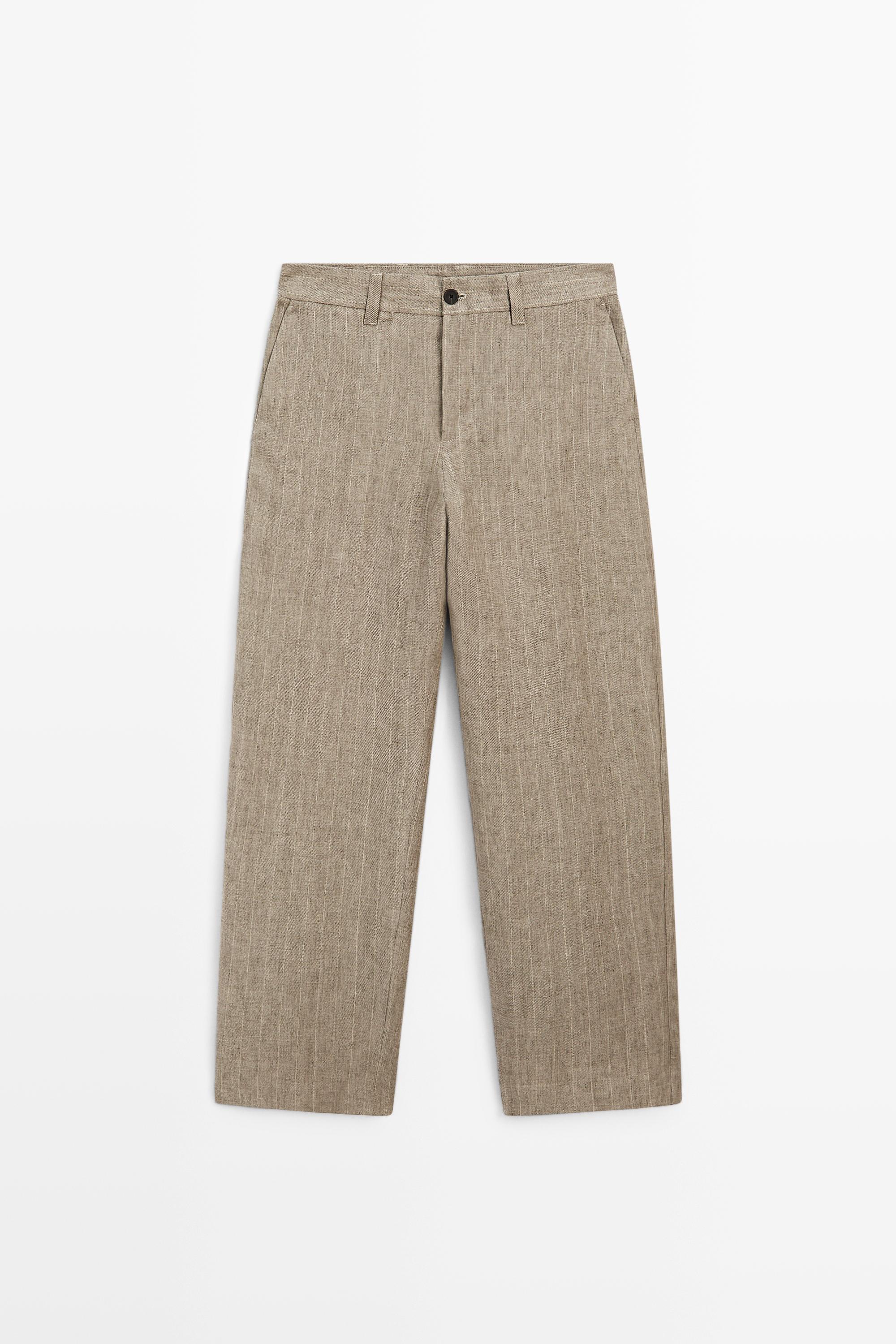 100% linen striped trousers — BEIGE