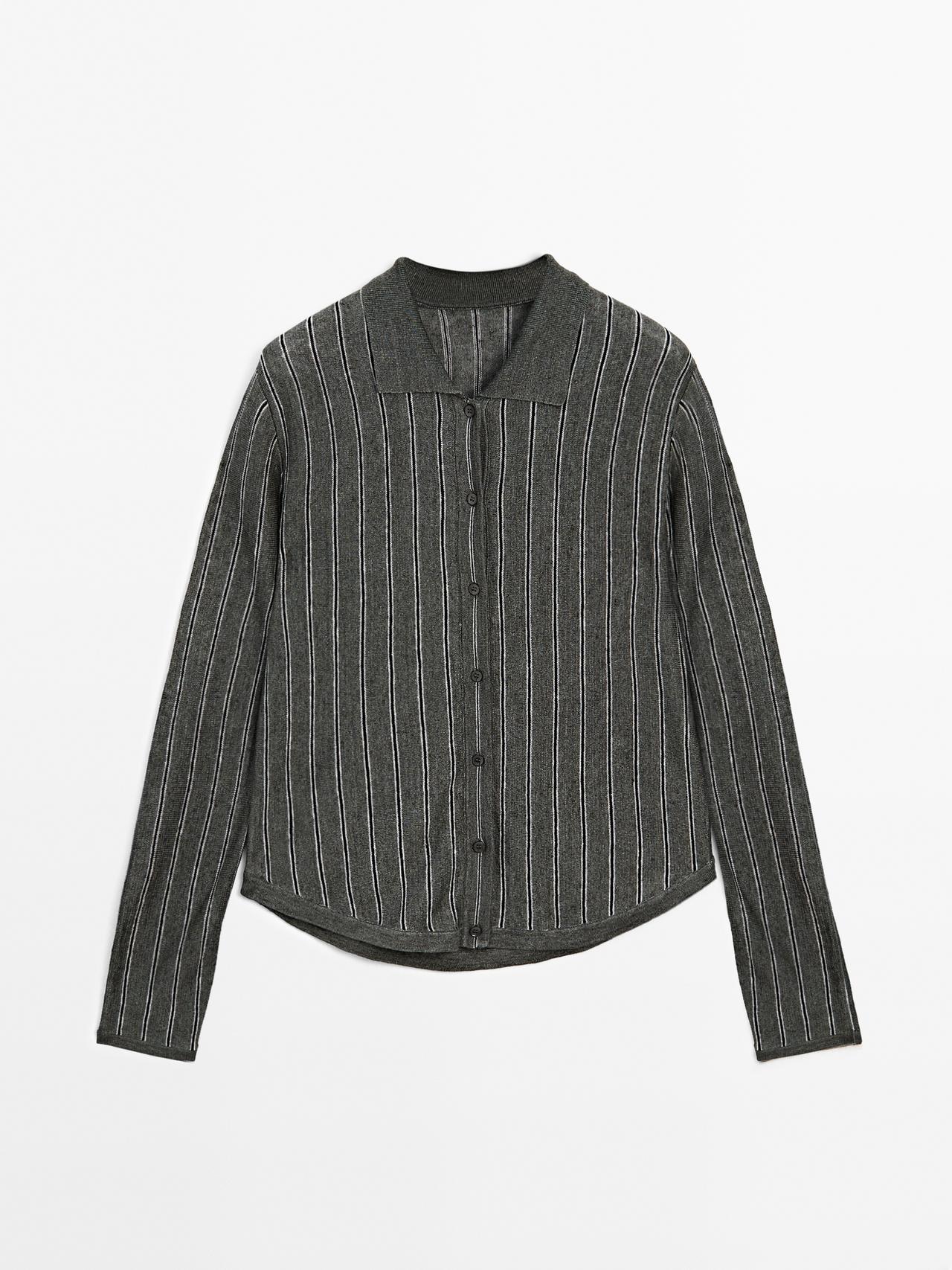 Massimo Dutti - Dame - Stribet Cardigan I 100% Hør - Grøn - S