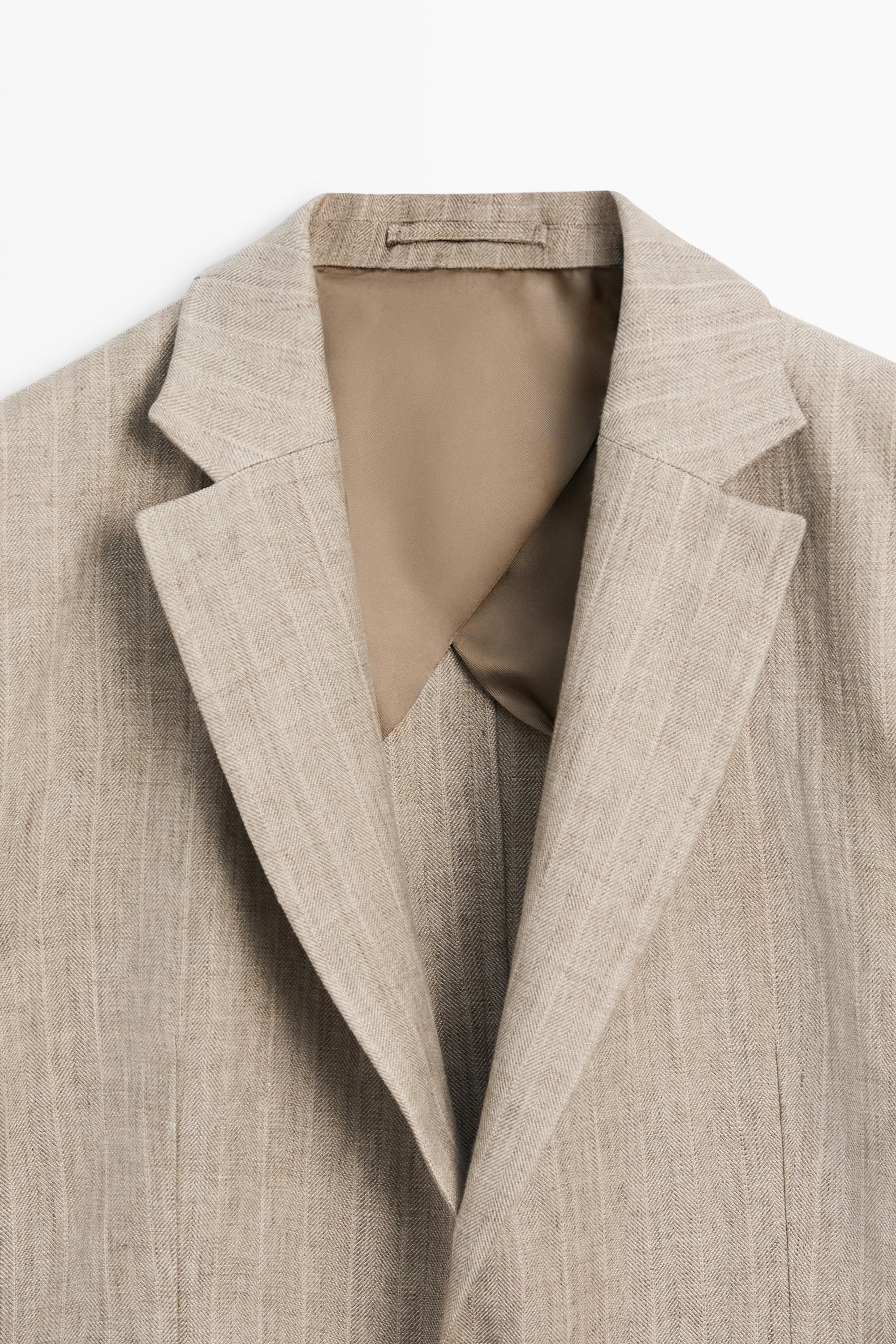 Linen herringbone stripe blazer — BEIGE
