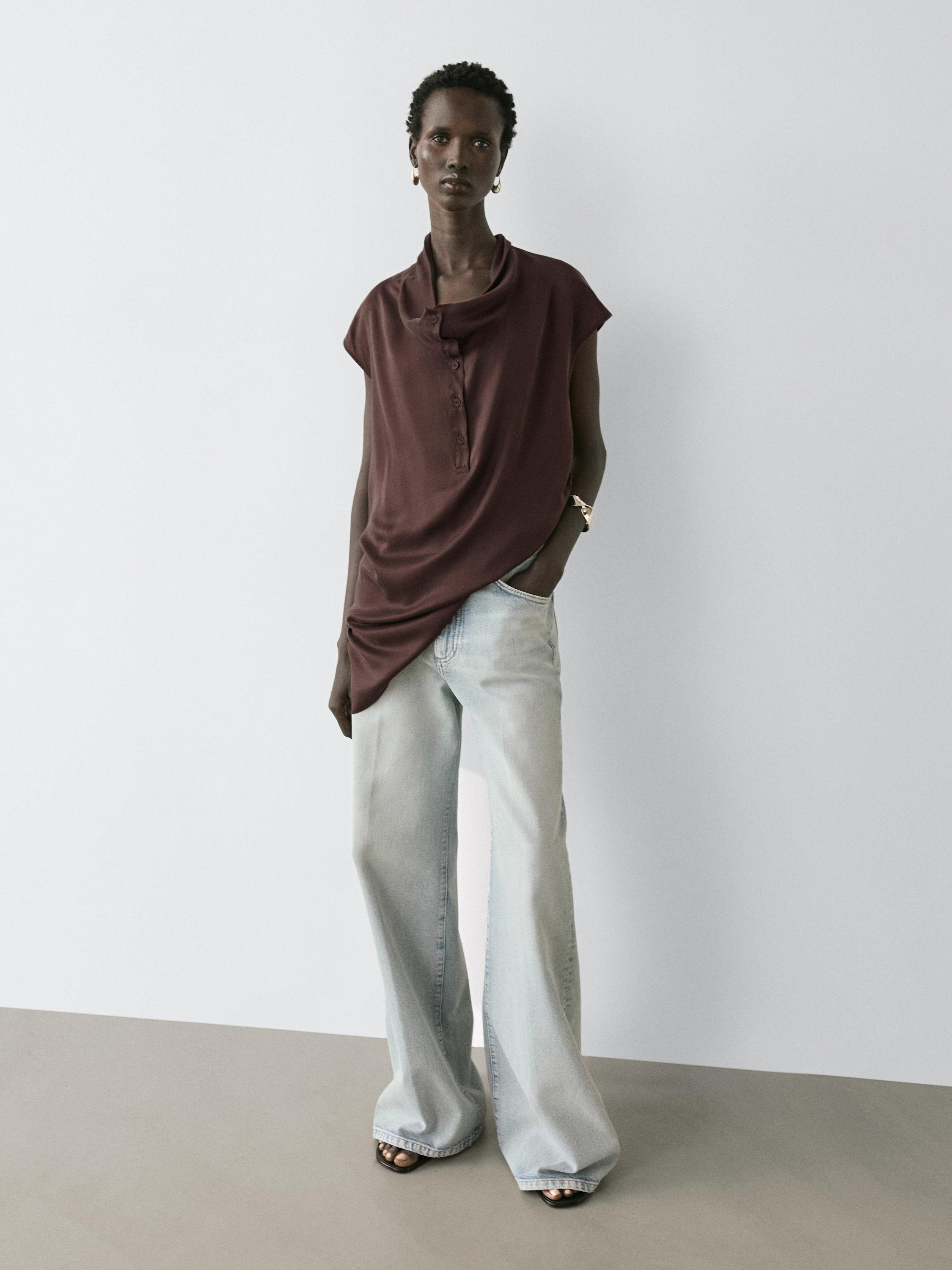 Asymmetric draped top — BROWN