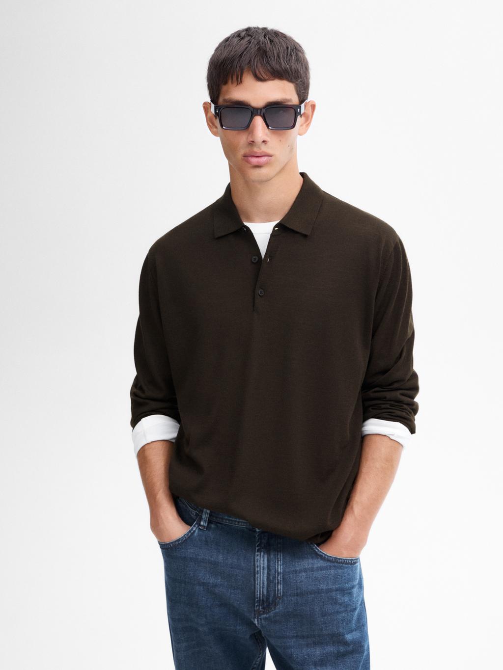 Sweter Ze 100 We ny Merynos w Z Ko nierzykiem Polo Ciemny Khaki sweter-ze-100-we-ny-merynos-w-z-ko-nierzykiem-polo-ciemny-khaki