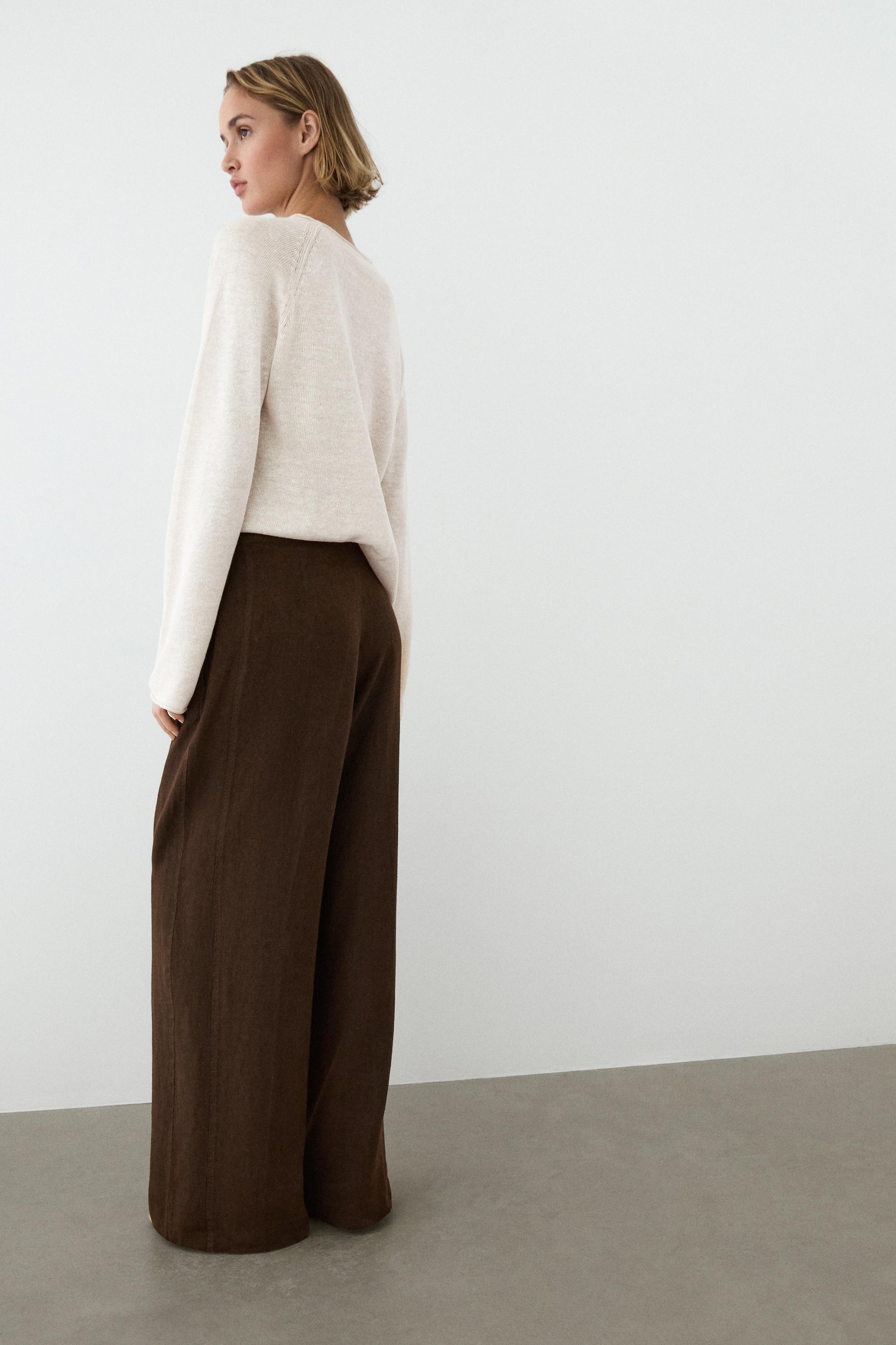 100% linen wide-leg pleated trousers — BROWN