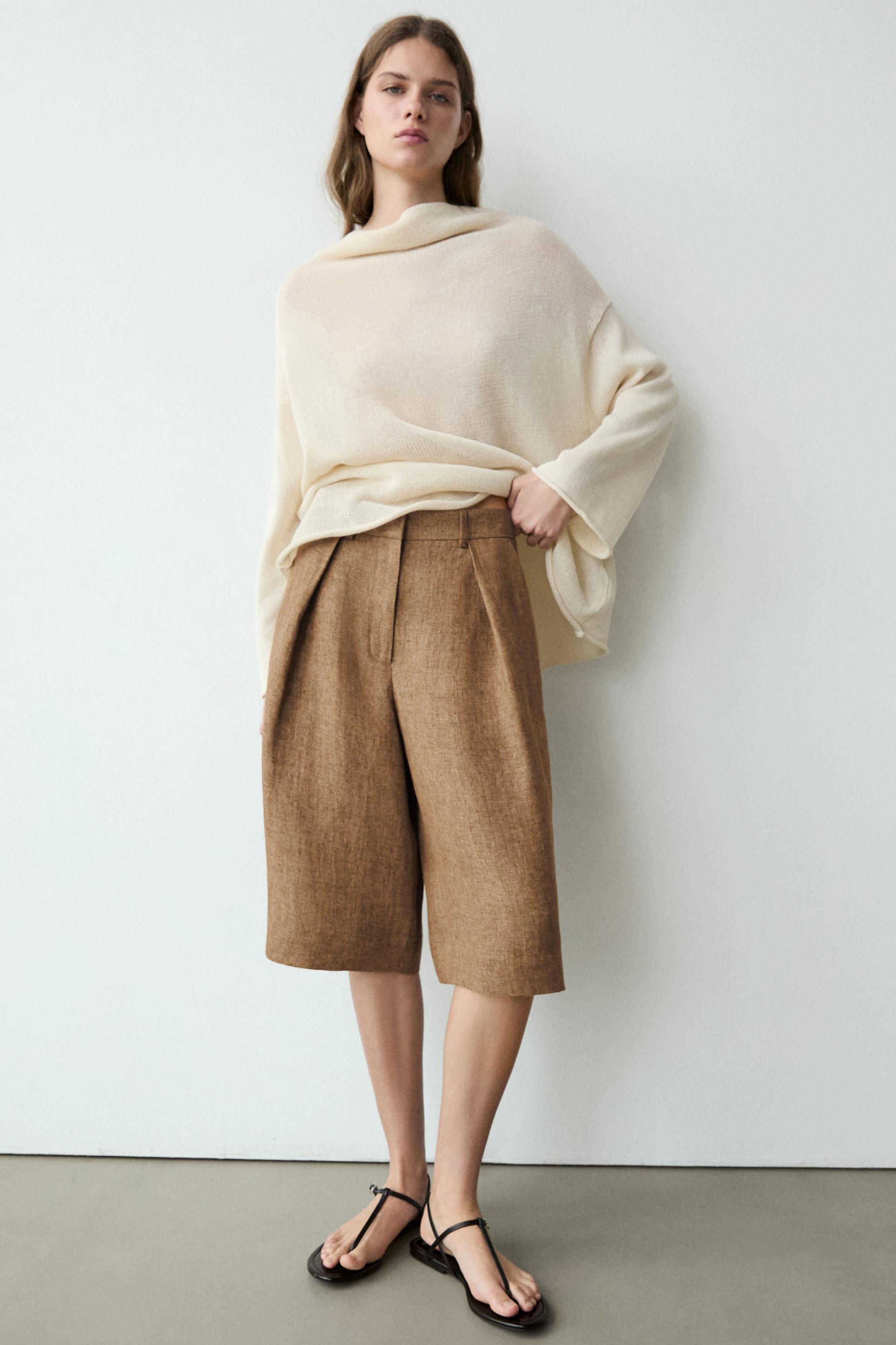 100% cotton knit sweater with back ties — BEIGE