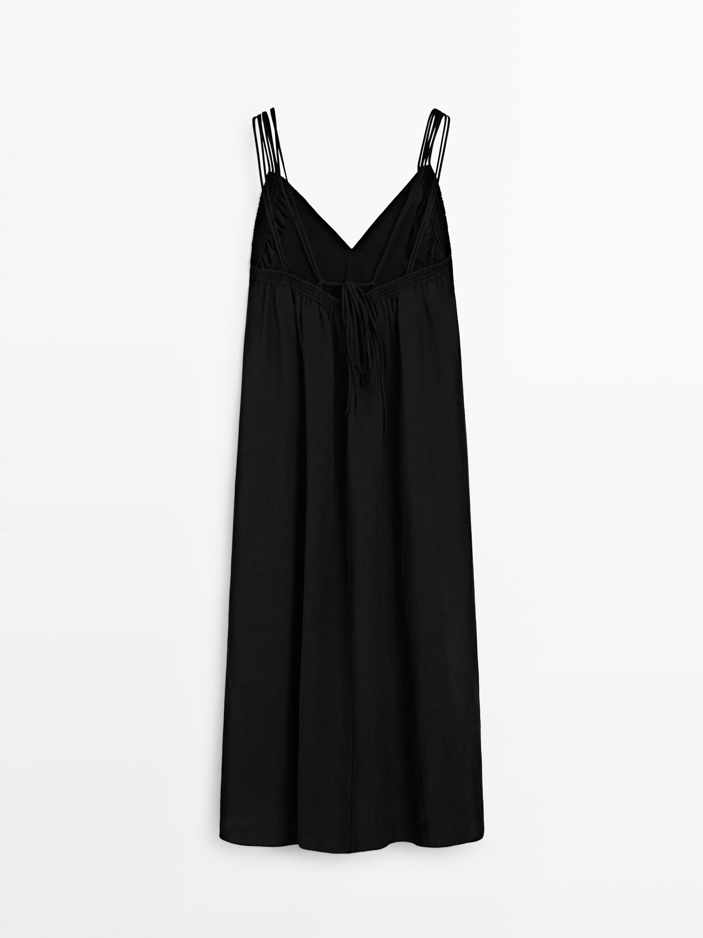 Ramie blend strappy midi dress — BLACK