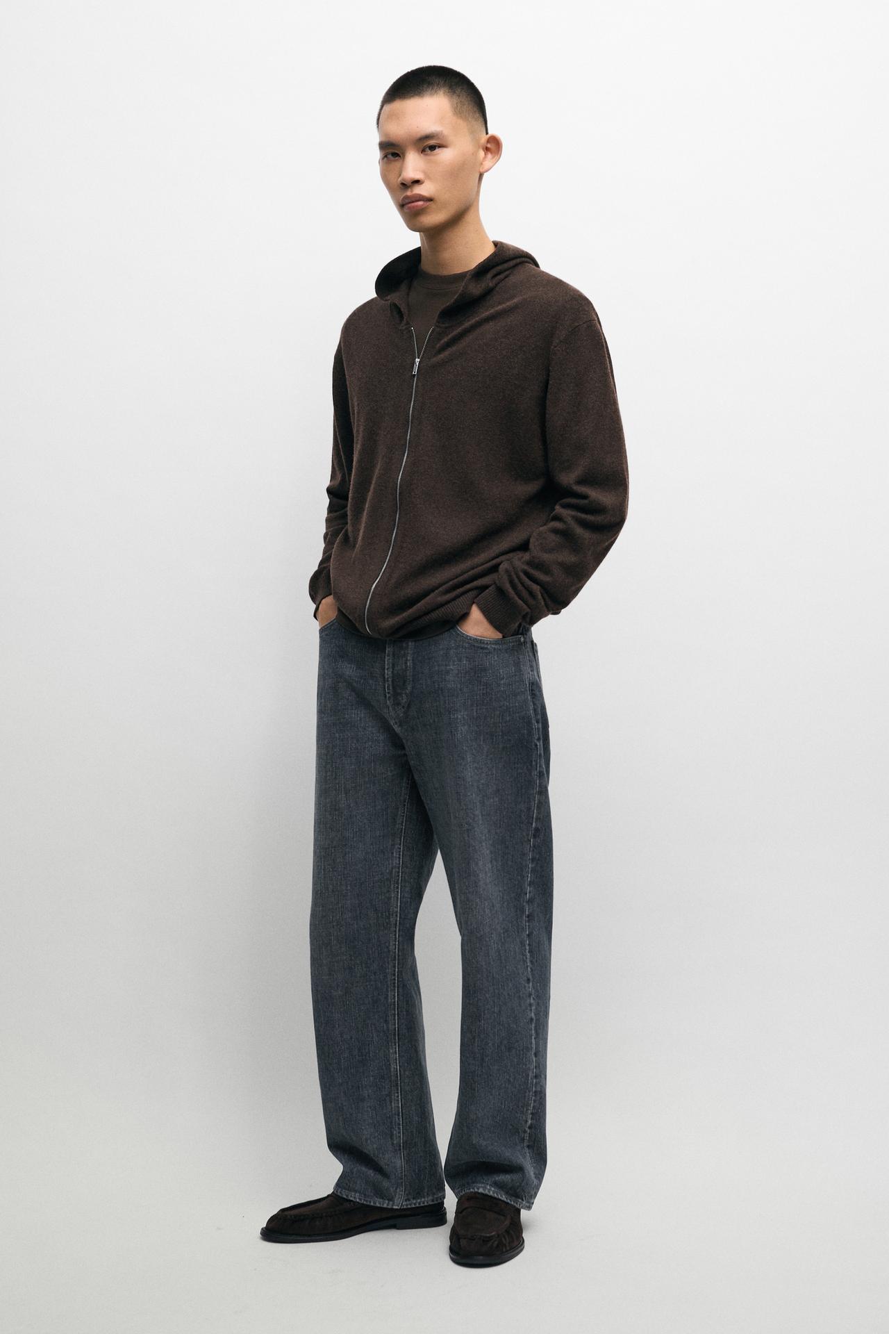 Wool-blend knit hooded cardigan — BROWN MARL
