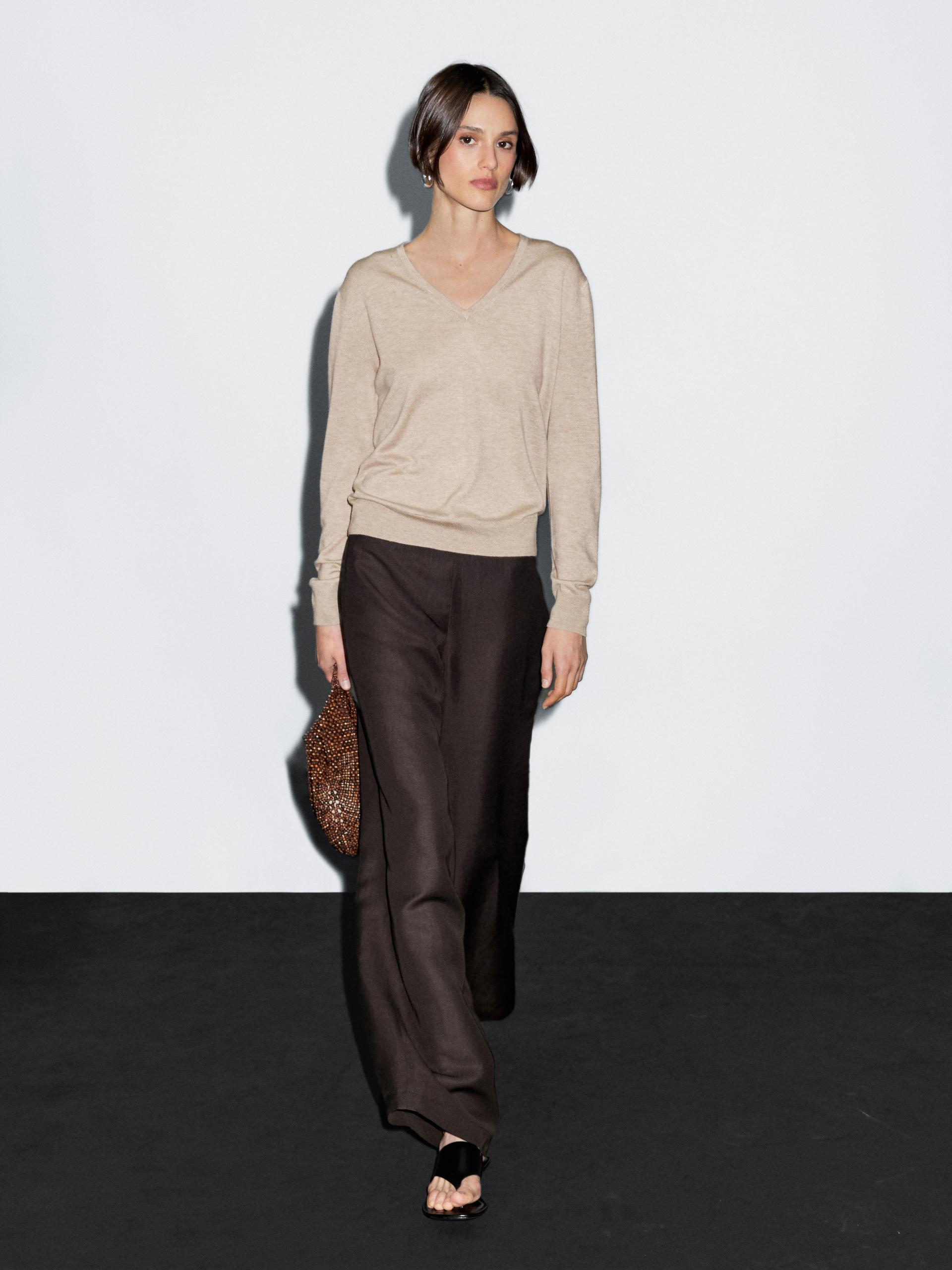 Jersey Punto Cuello Pico Con Lana - Visón - L - Massimo Dutti - Mujer