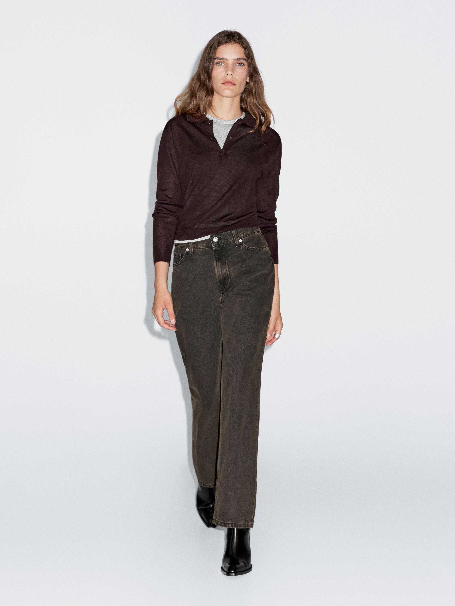 Pull Polo En Maille 100 % Laine - Marron - L - Massimo Dutti - Femme