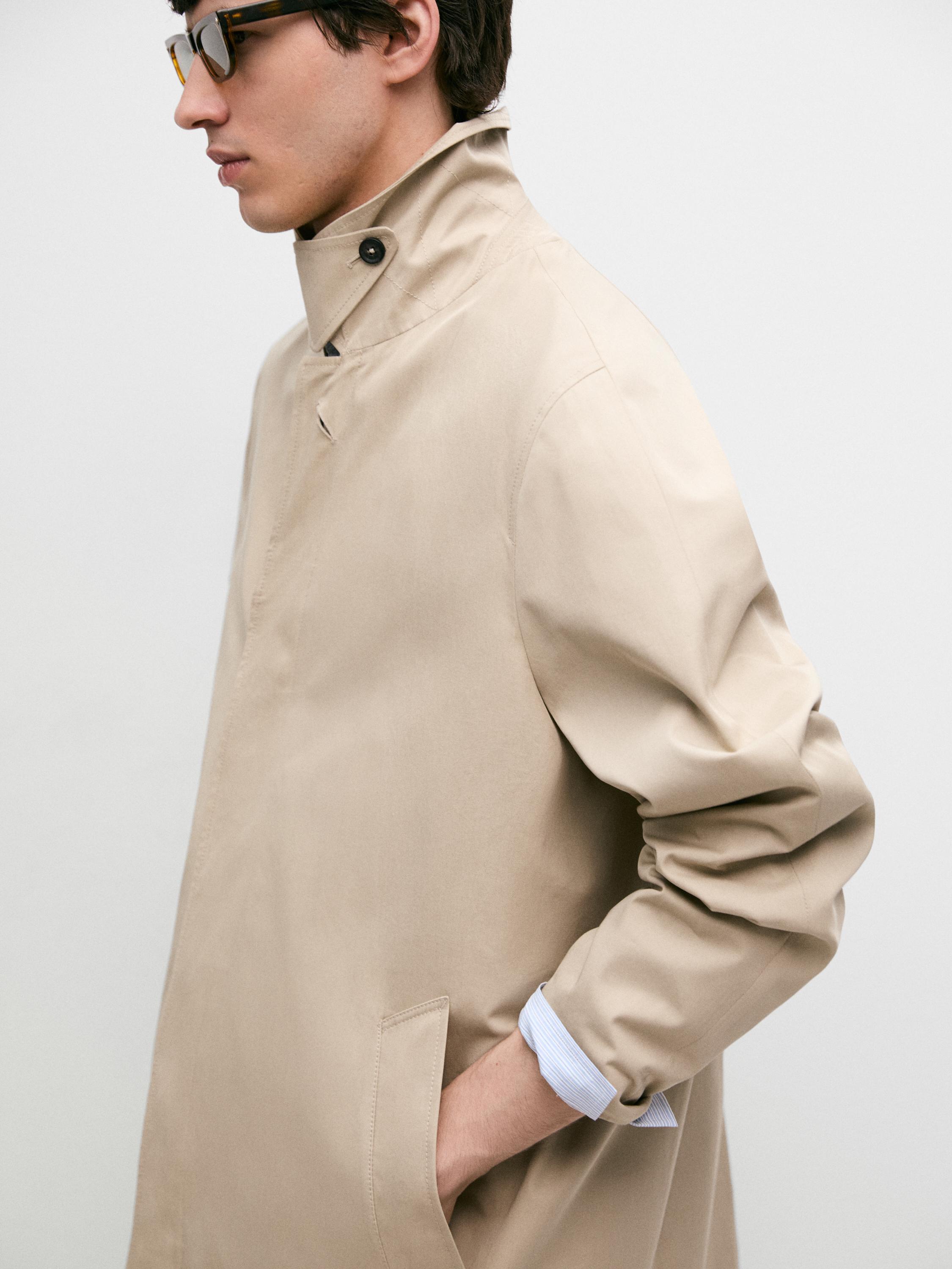 Check cotton trench coat with interior detail — BEIGE