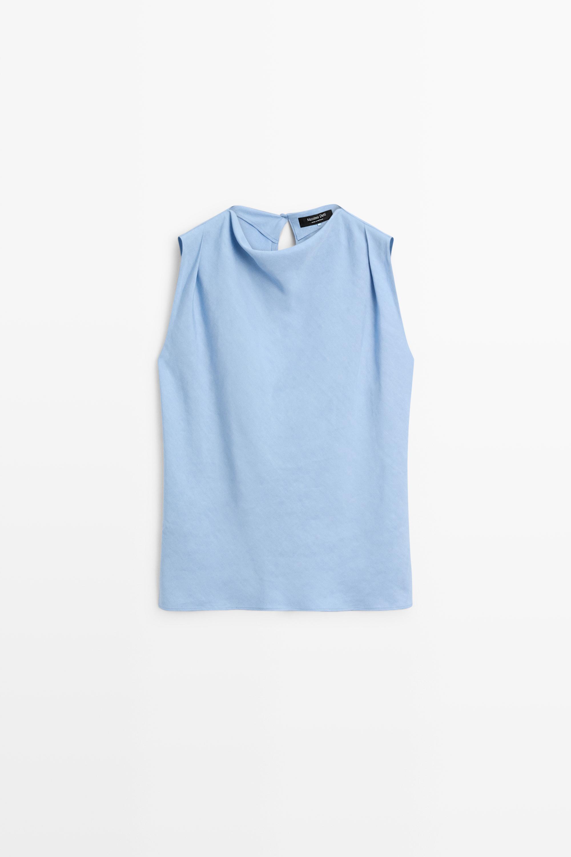 Flowing linen blend pleated top — SKY BLUE