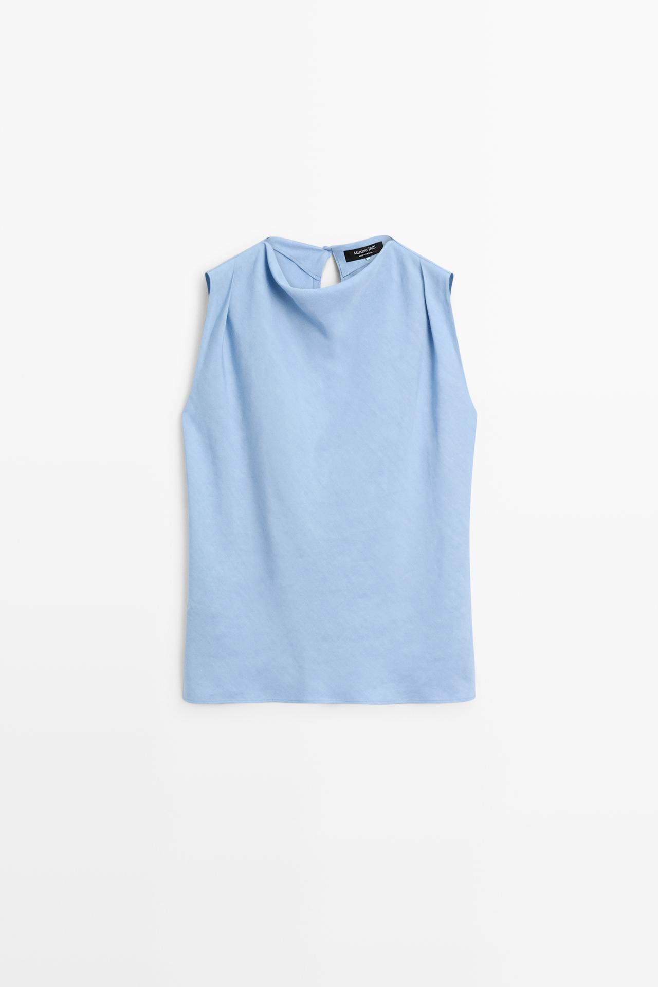 Flowing linen blend pleated top — SKY BLUE