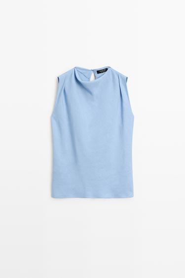 Flowing linen blend pleated top — SKY BLUE 2