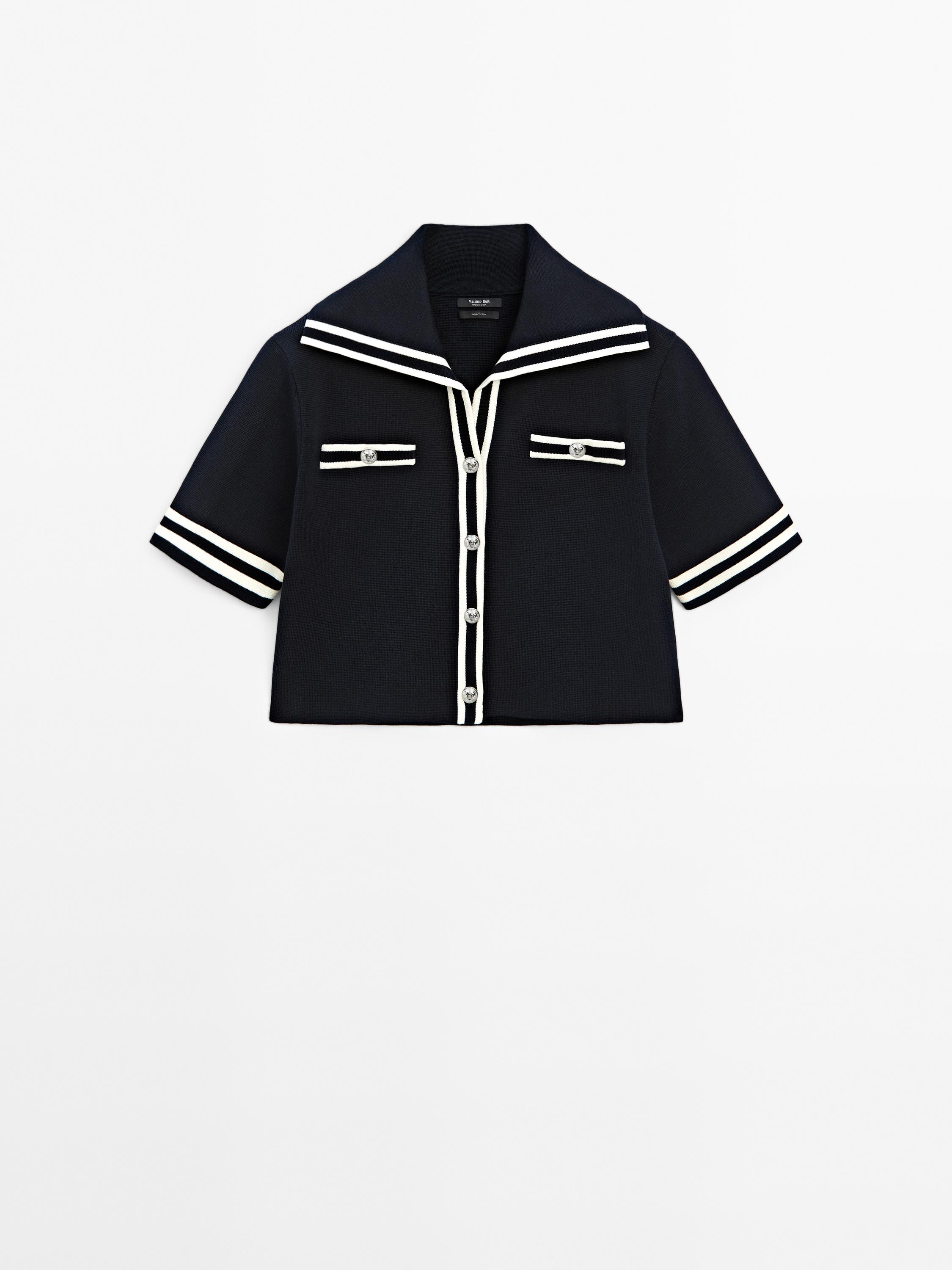 Contrast knit cardigan with short sleeves