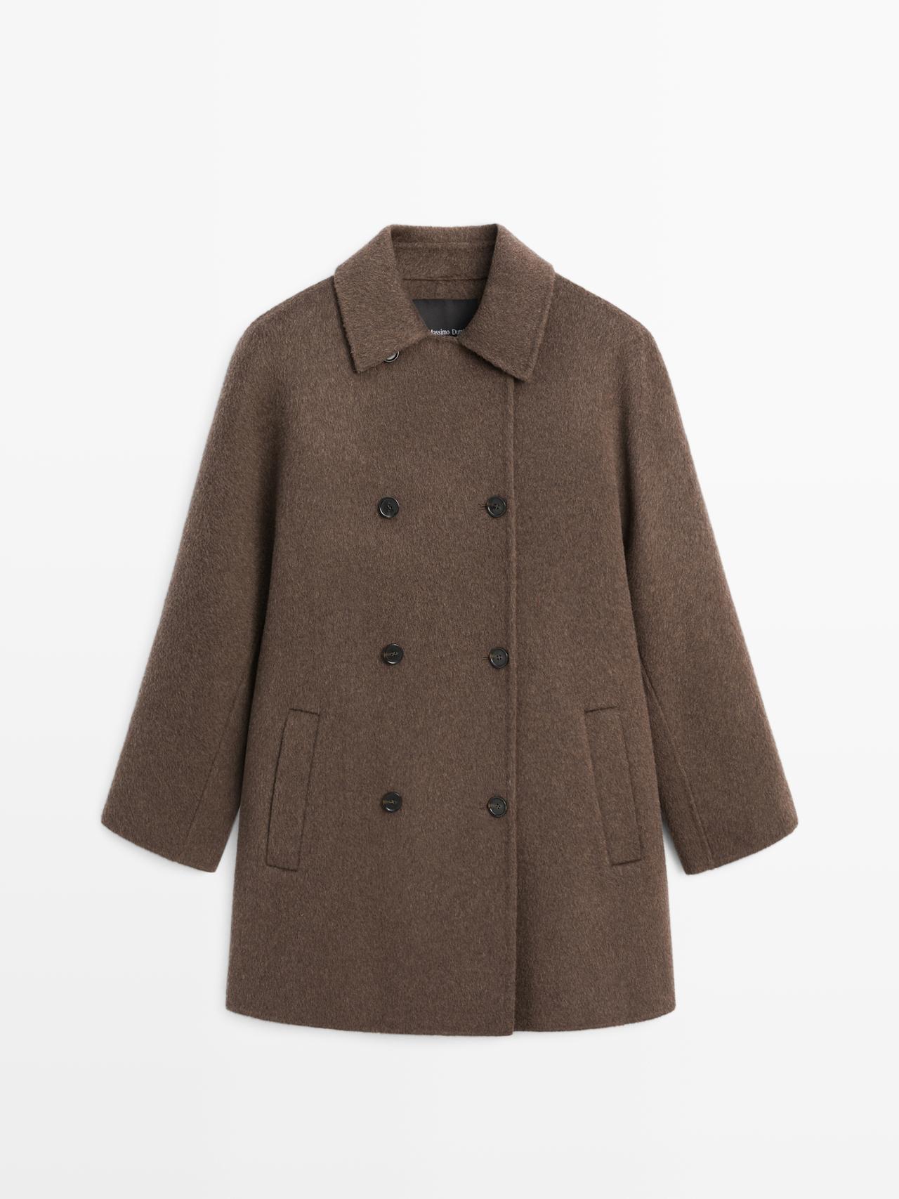 Massimo Dutti - Dames - Double-Breasted Cropped Jas Van Wolmix - Bruin - L