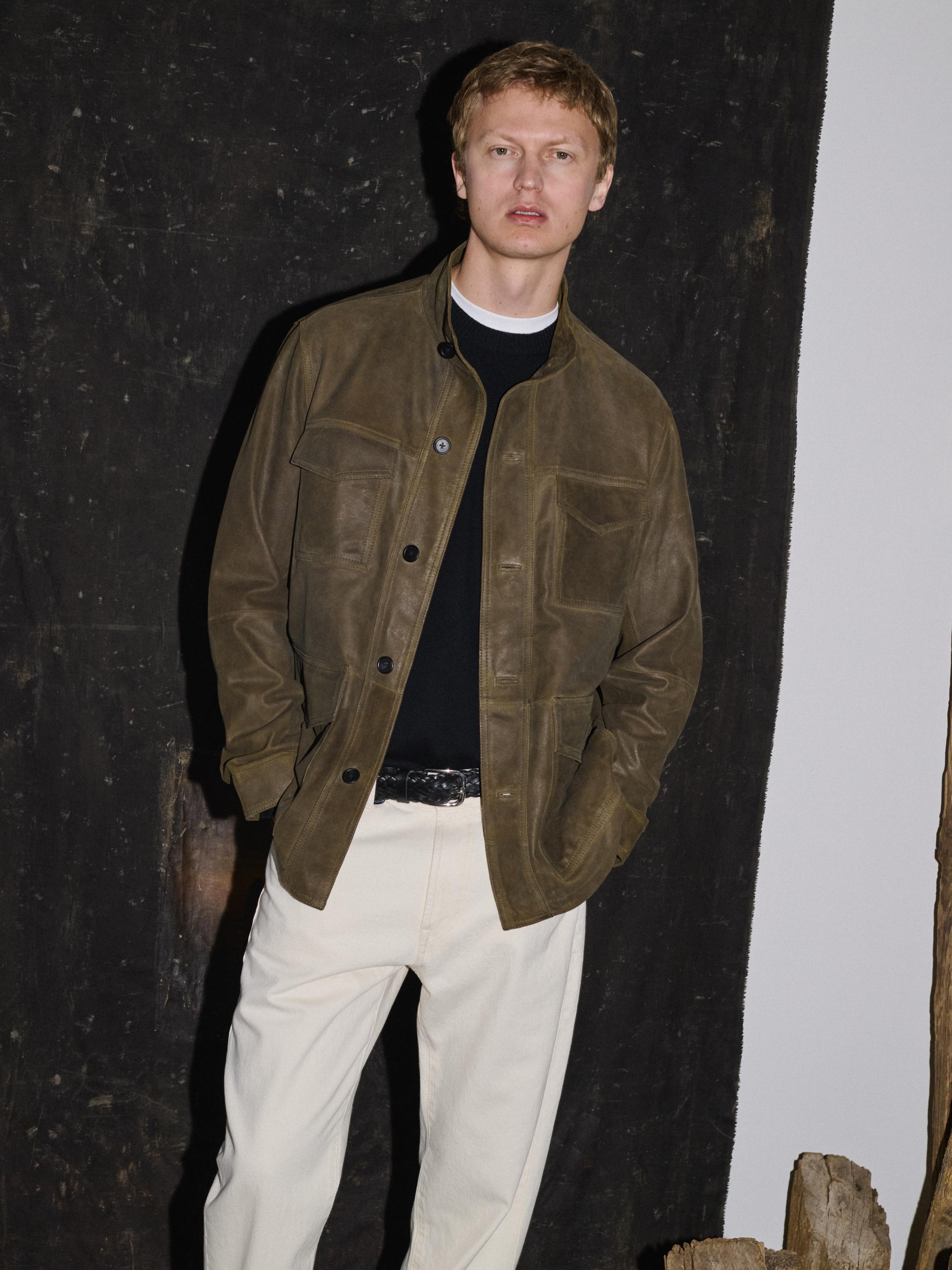 Distressed-effect goatskin leather jacket — KHAKI