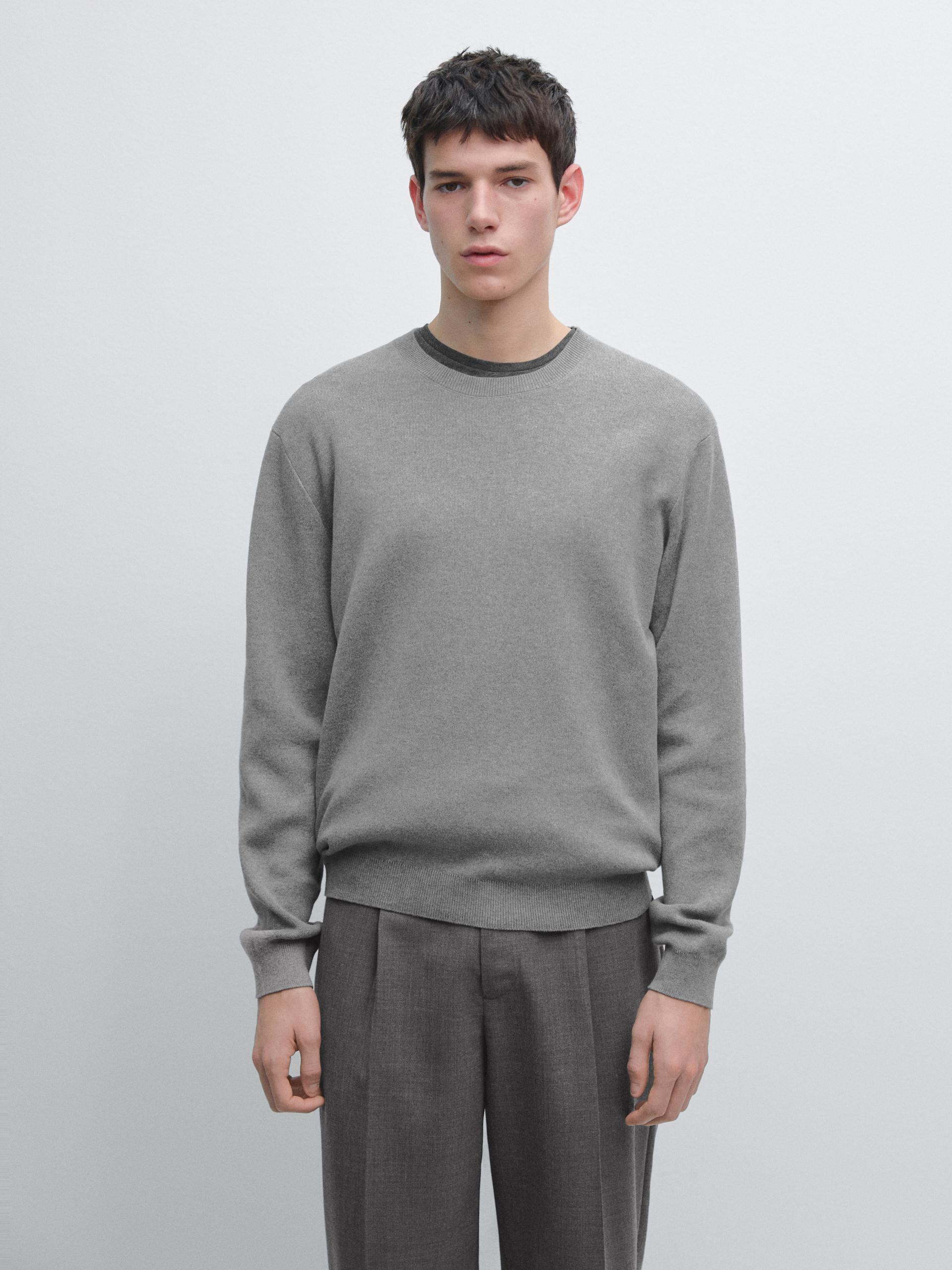 Jersey Punto Cuello Redondo 100% Algodón - Gris Medio - Xl - Massimo Dutti - Hombre