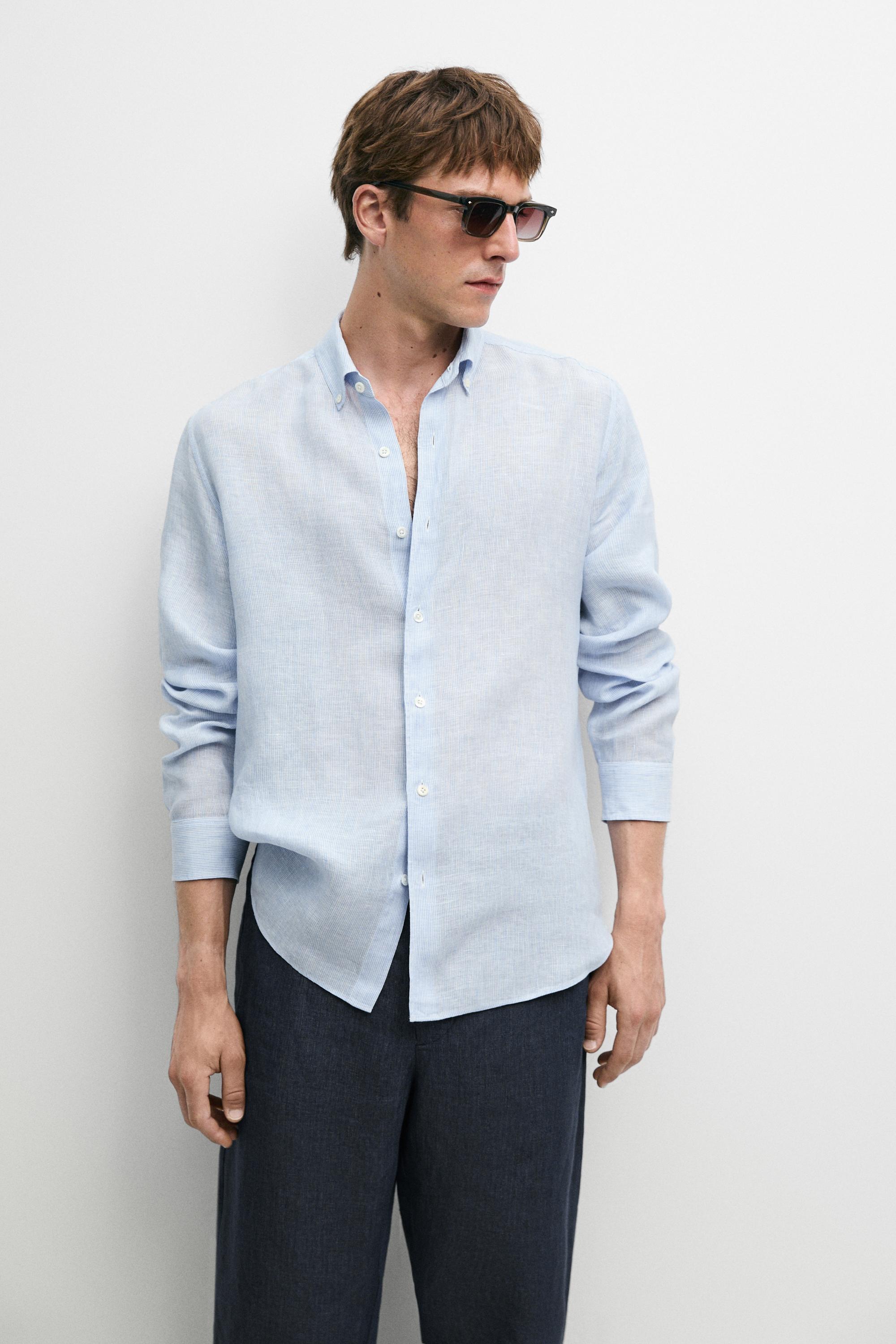 Massimo Dutti Regular fit çizgili %100 keten gömlek görsel 8