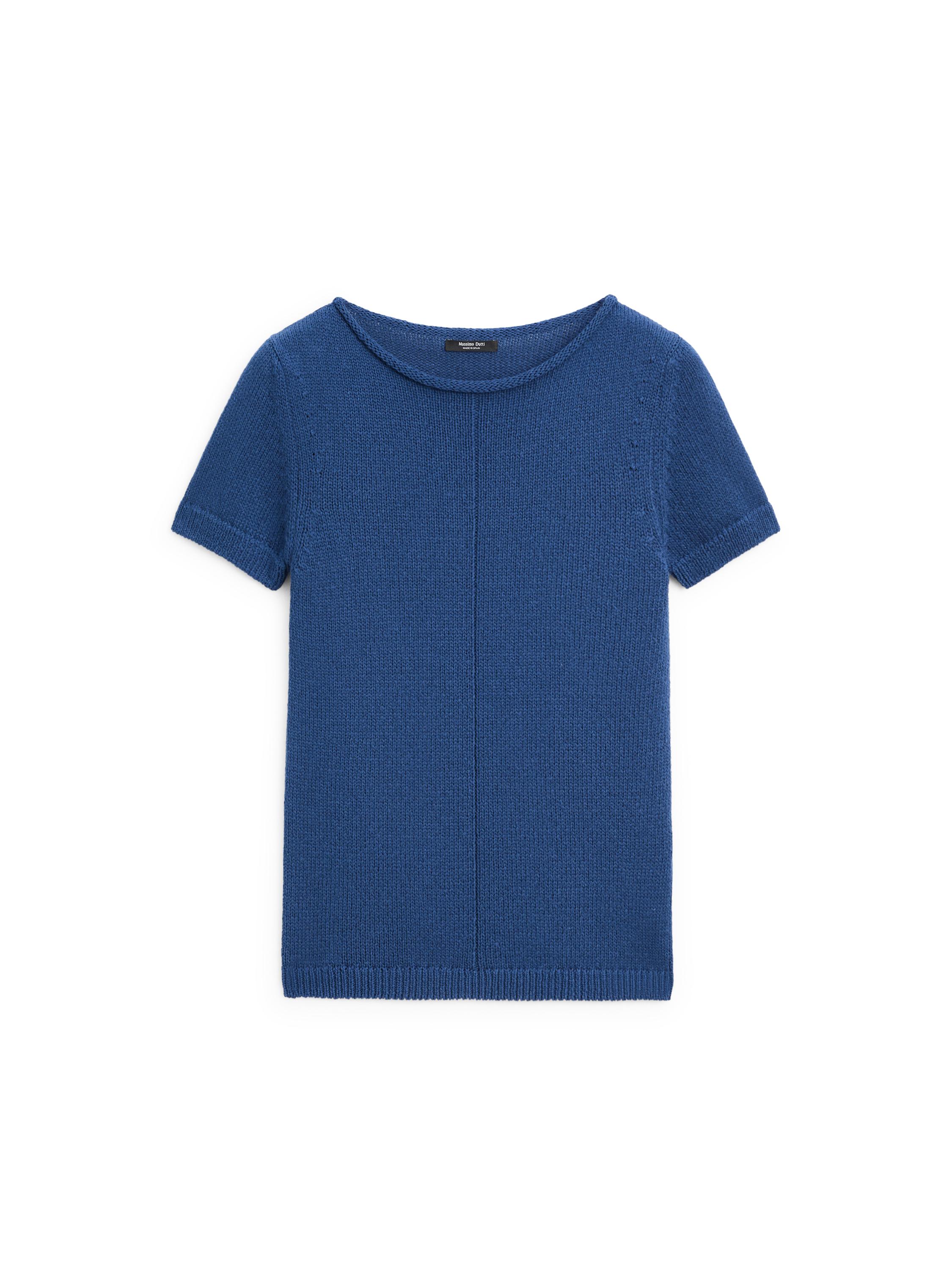 Short sleeve knit cotton blend sweater — DEEP BLUE