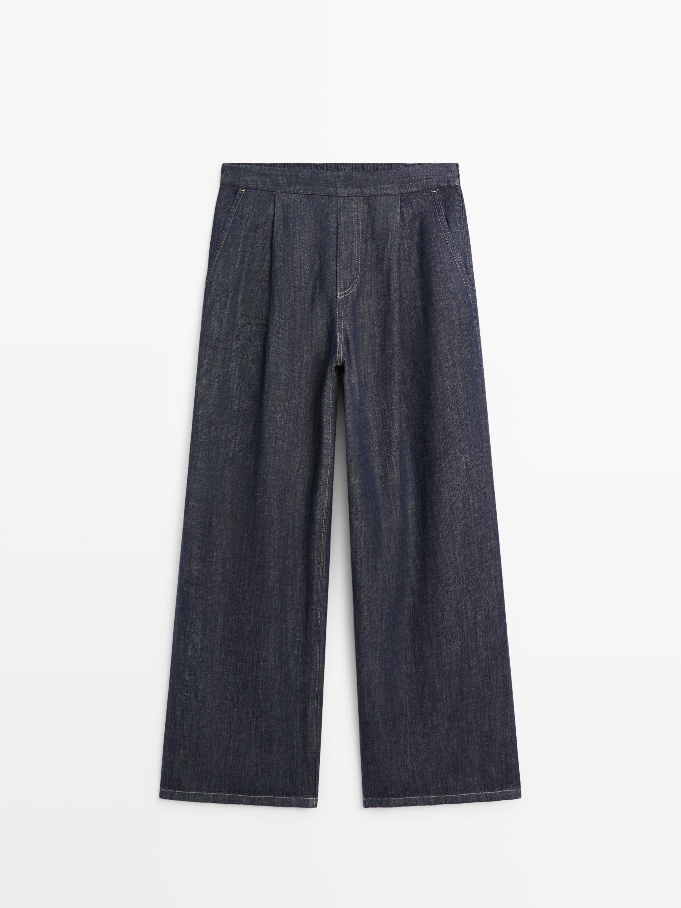 Pantaloni semijogger cu pliuri și bumbac