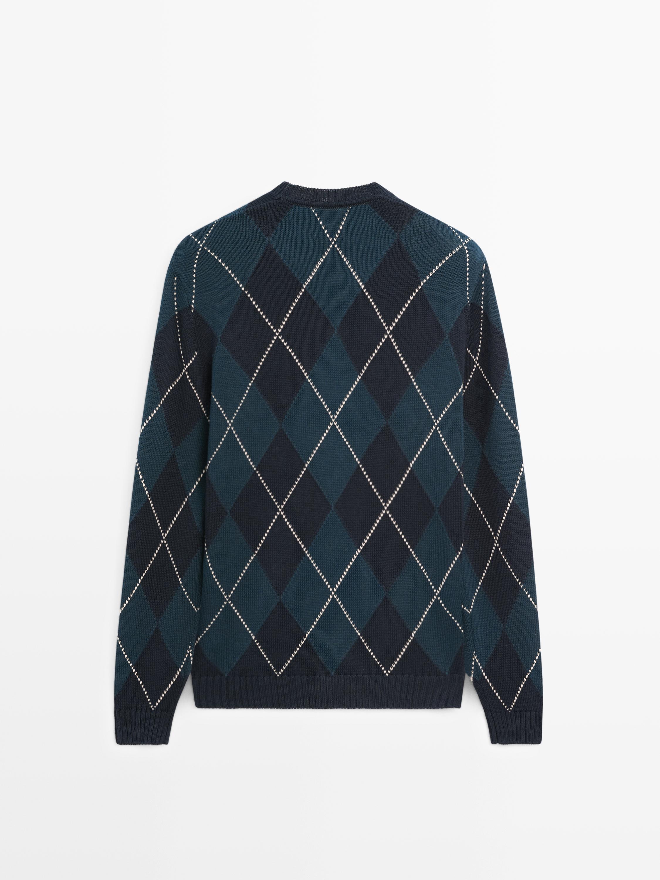 Cotton knit sweater with argyle detail — BLUE
