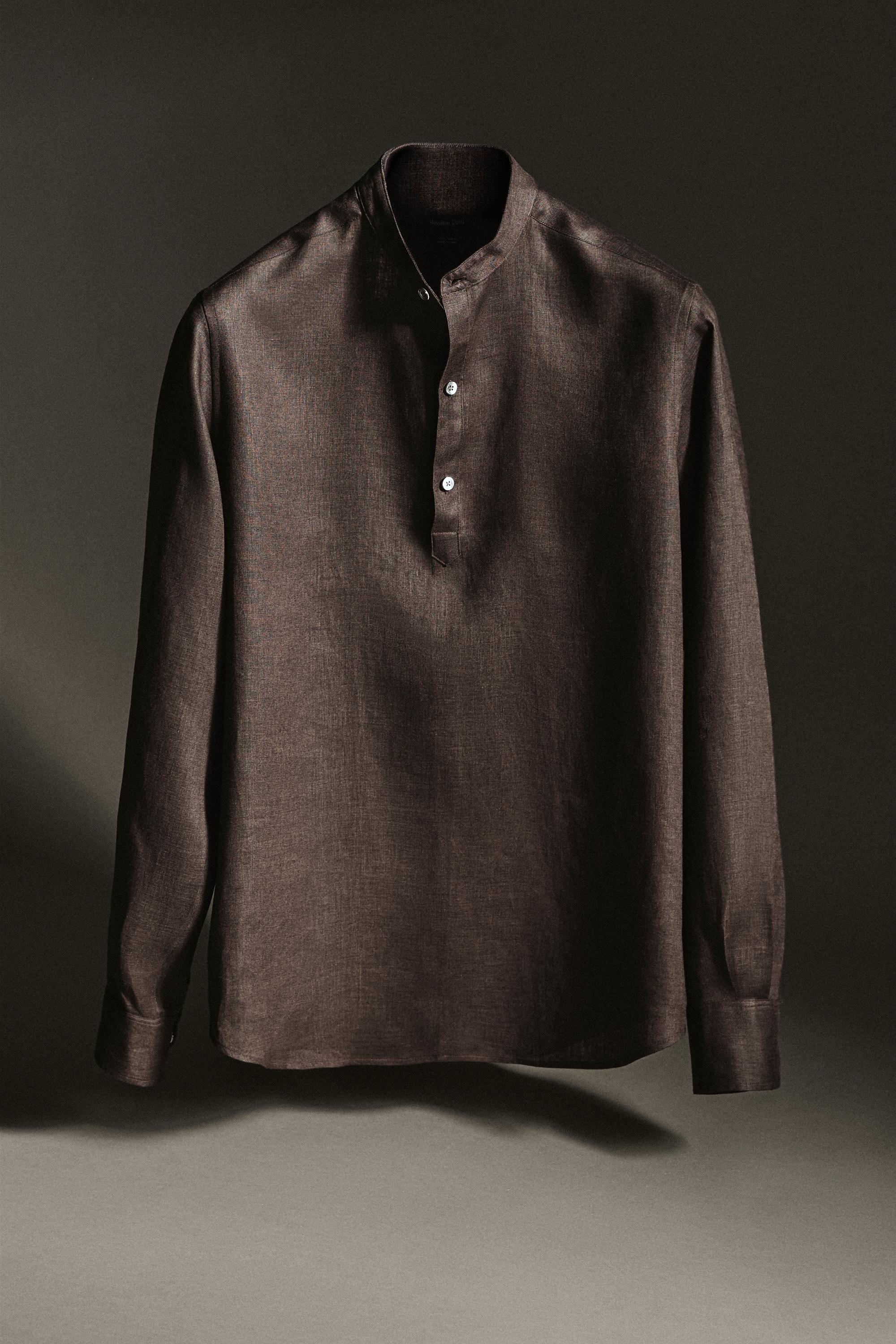 Regular fit stand collar 100% linen shirt — Chocolate
