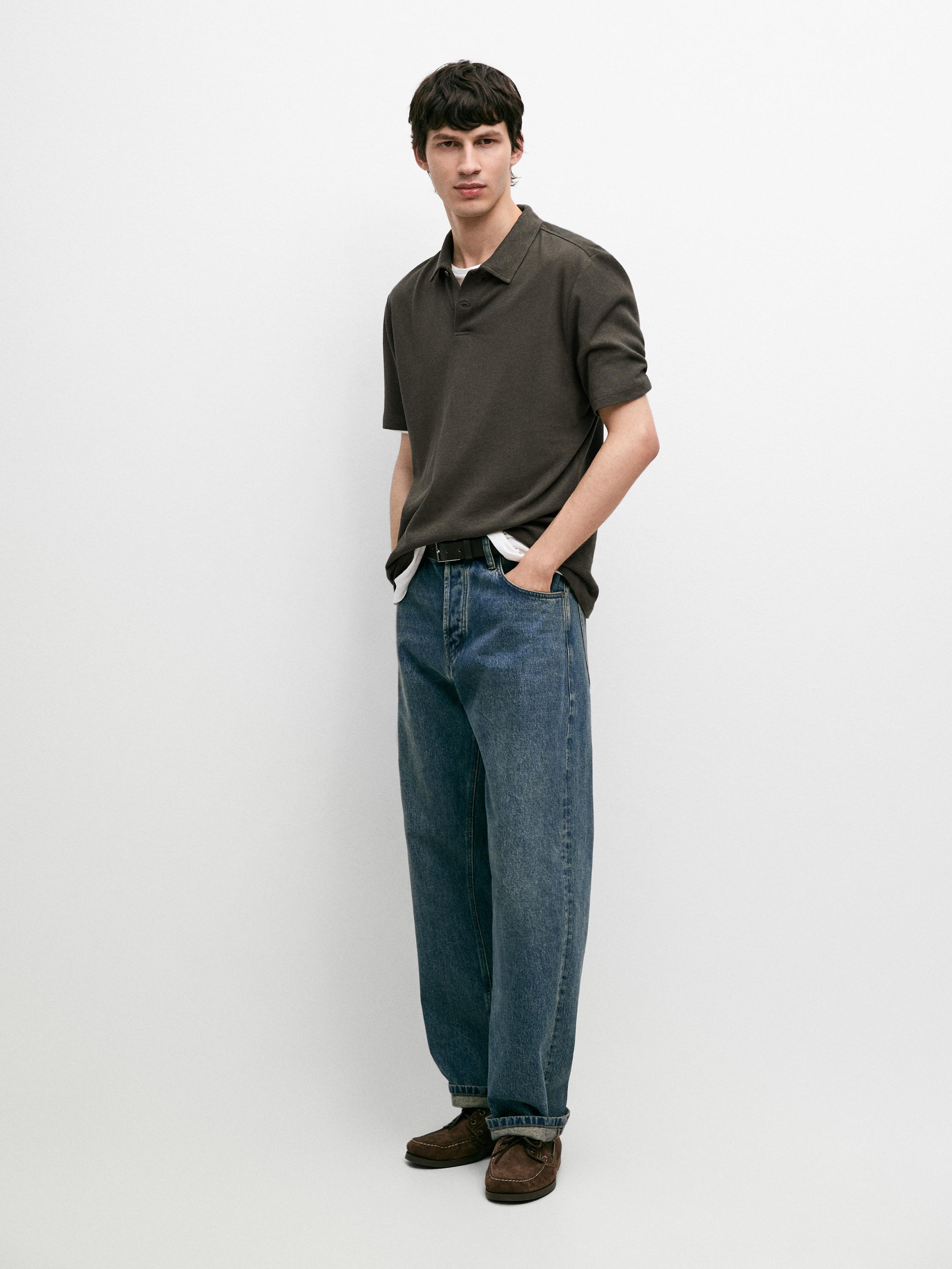 Linen and cotton short sleeve polo shirt — KHAKI