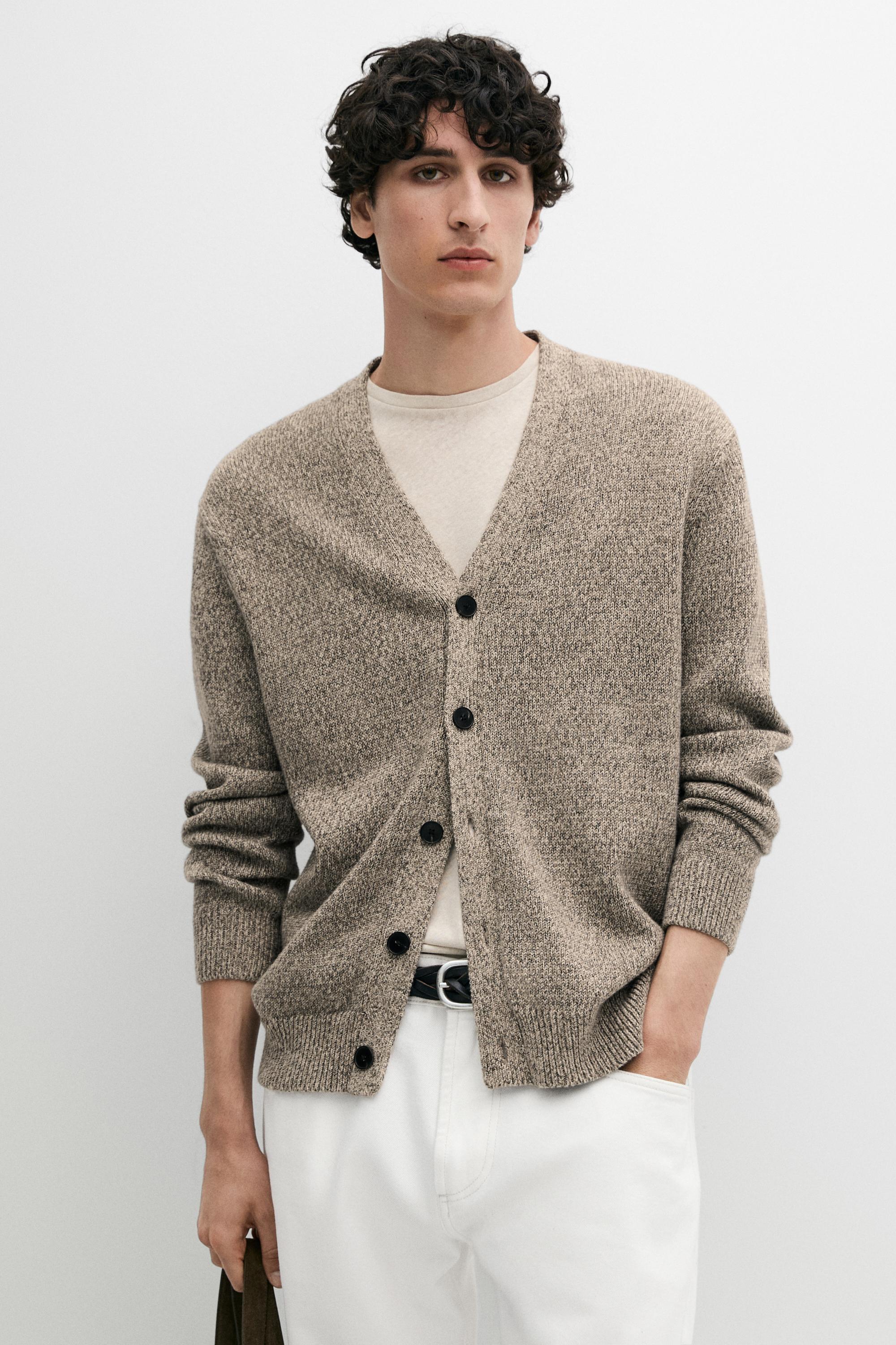 Cotton knit cardigan with buttons — BEIGE MARL
