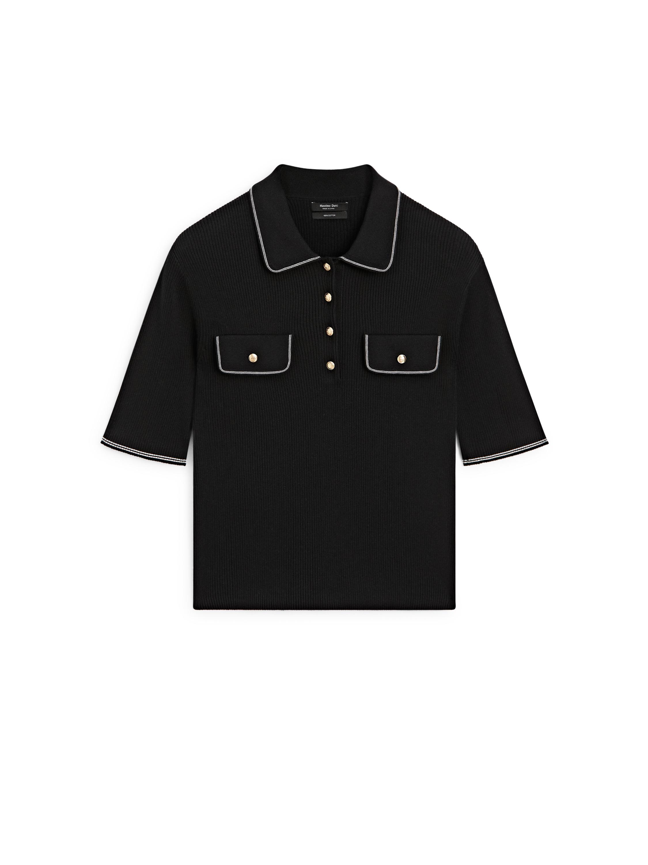 Cotton knit polo shirt with contrast detail — BLACK