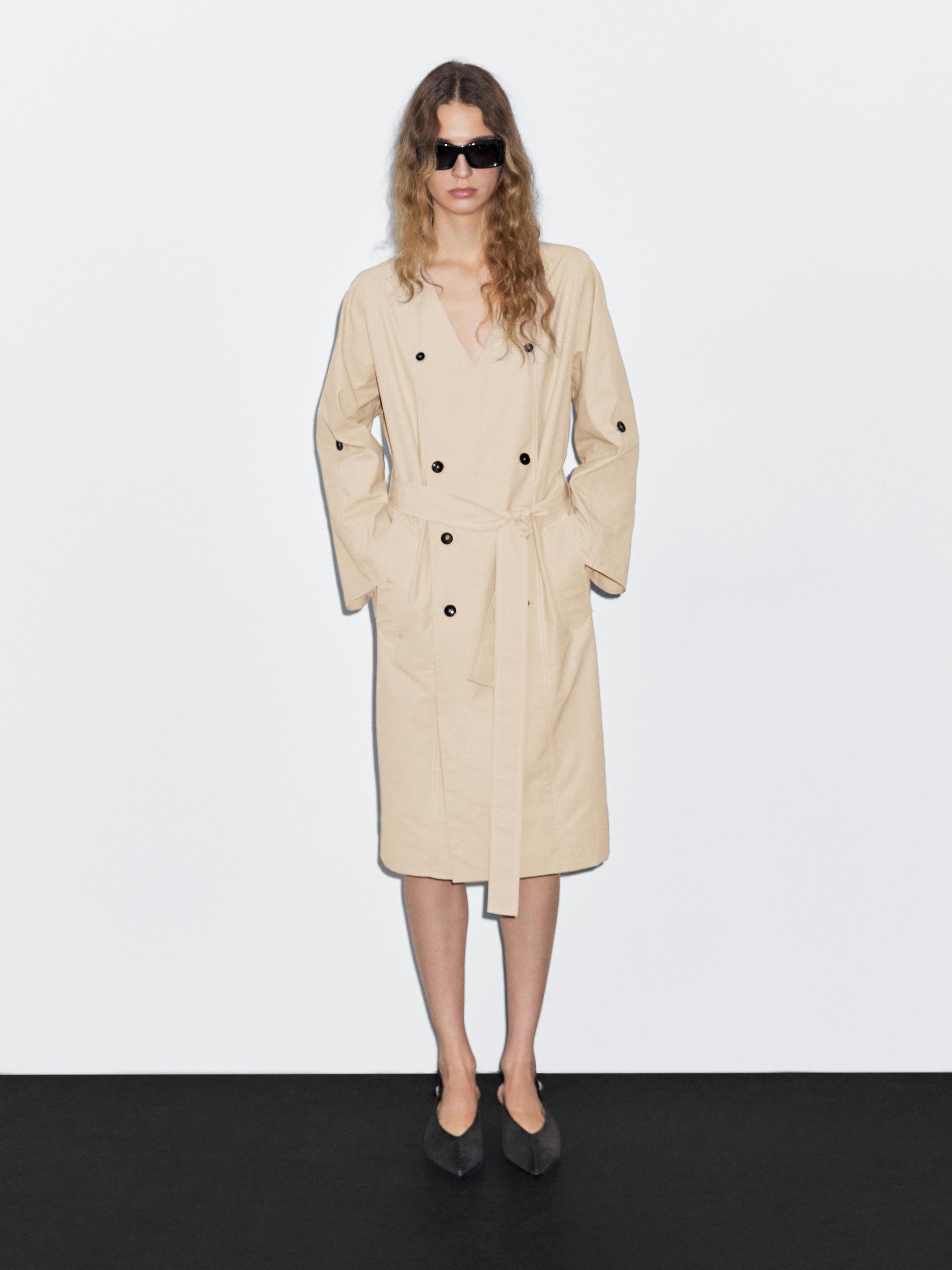 Vestido Midi Camisero Tipo Gabardina - Piedra - M - Massimo Dutti - Mujer