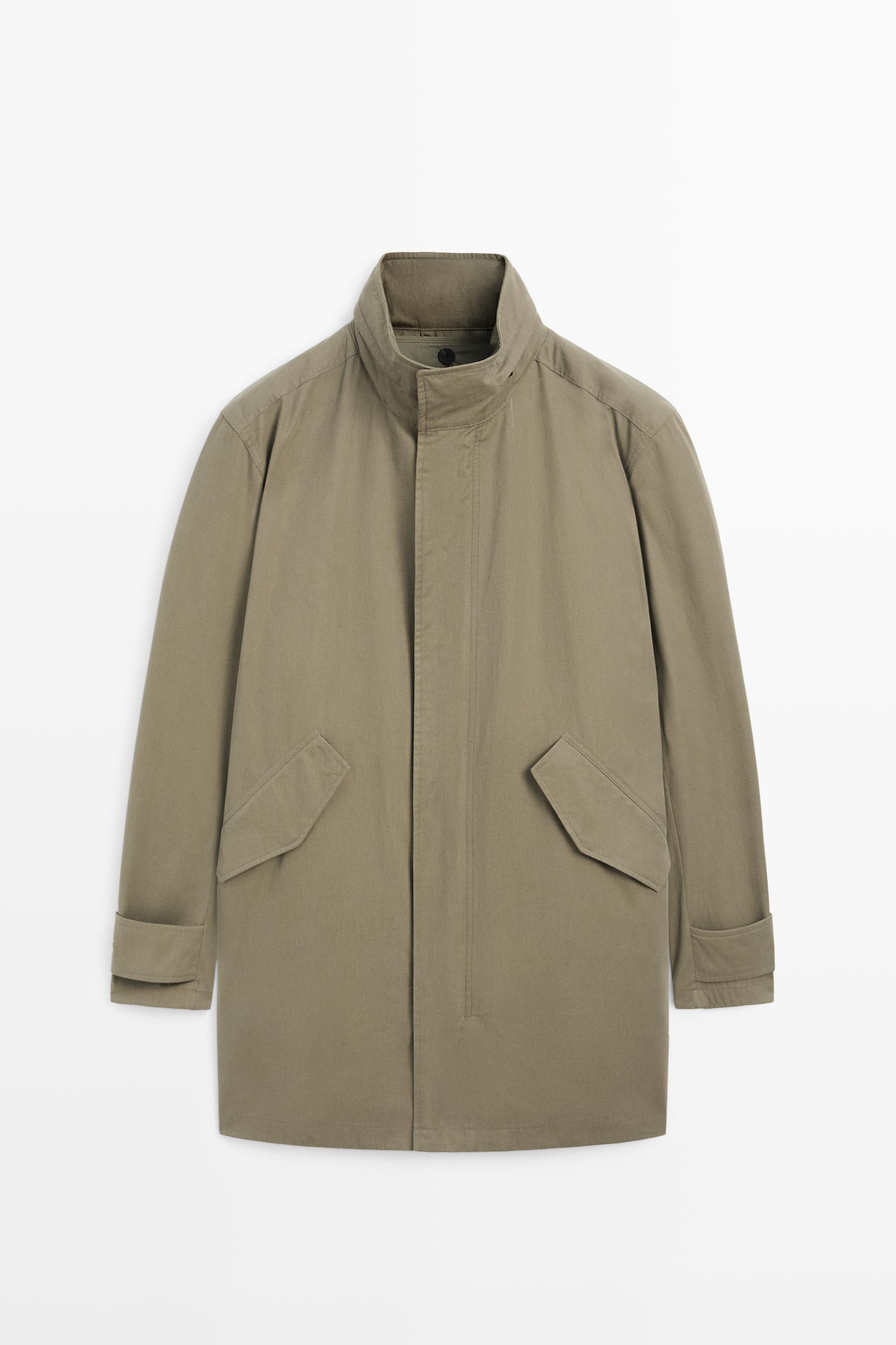 Long high neck 100% cotton parka — PALE KHAKI